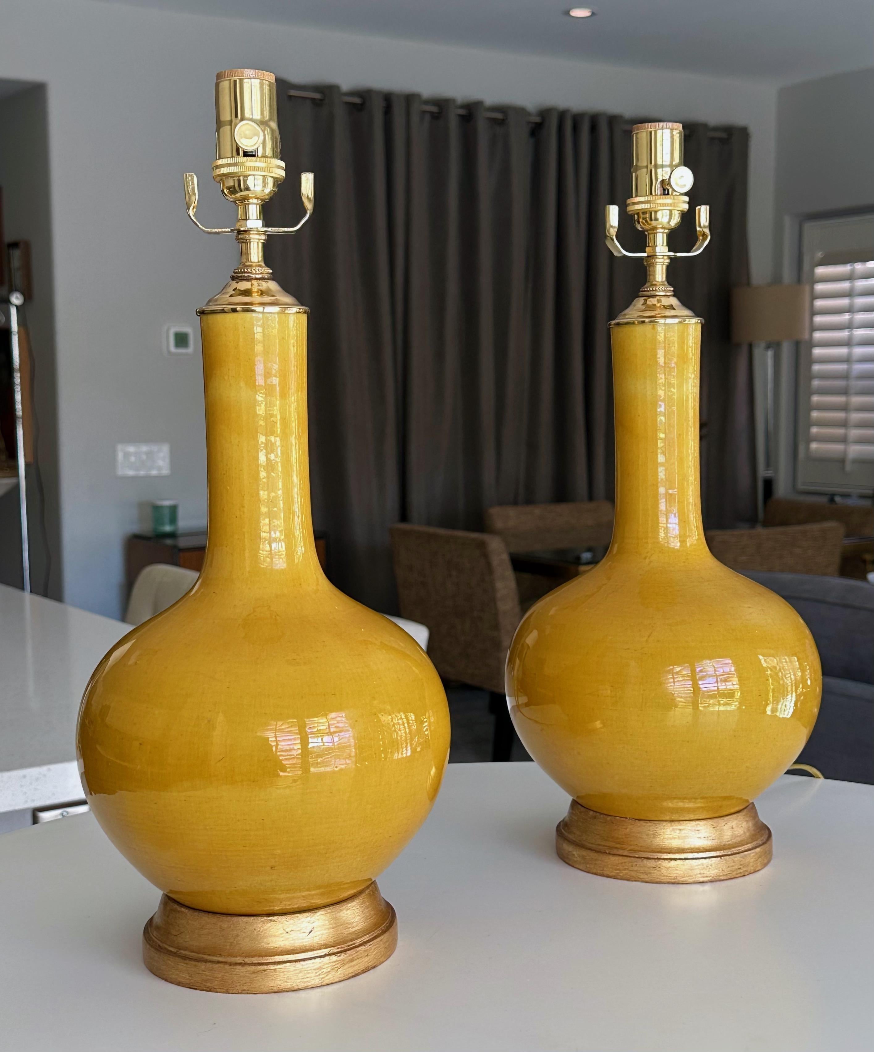 Pair Asian Style Bright Yellow Porcelain Table Lamps For Sale 4