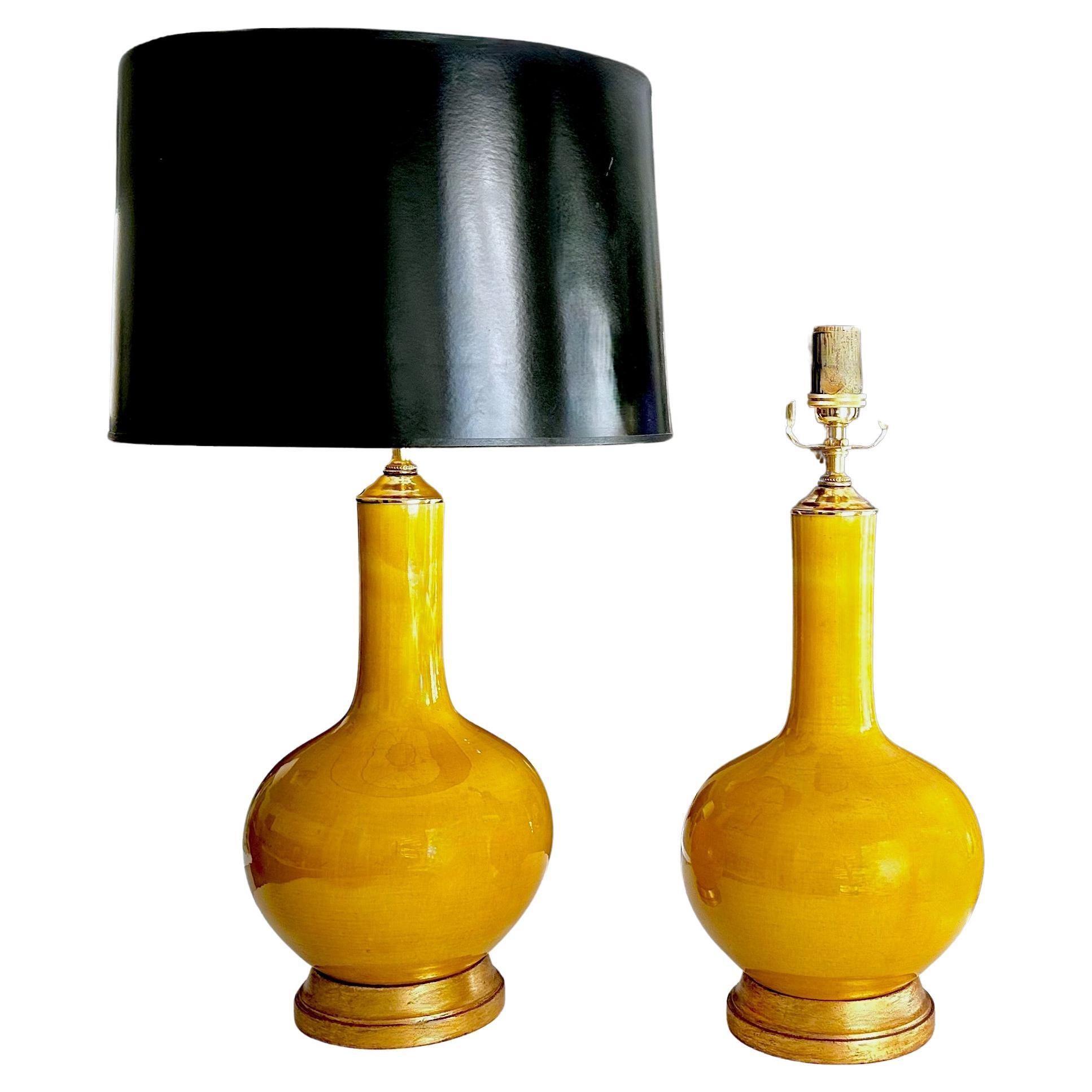 Pair Asian Style Bright Yellow Porcelain Table Lamps