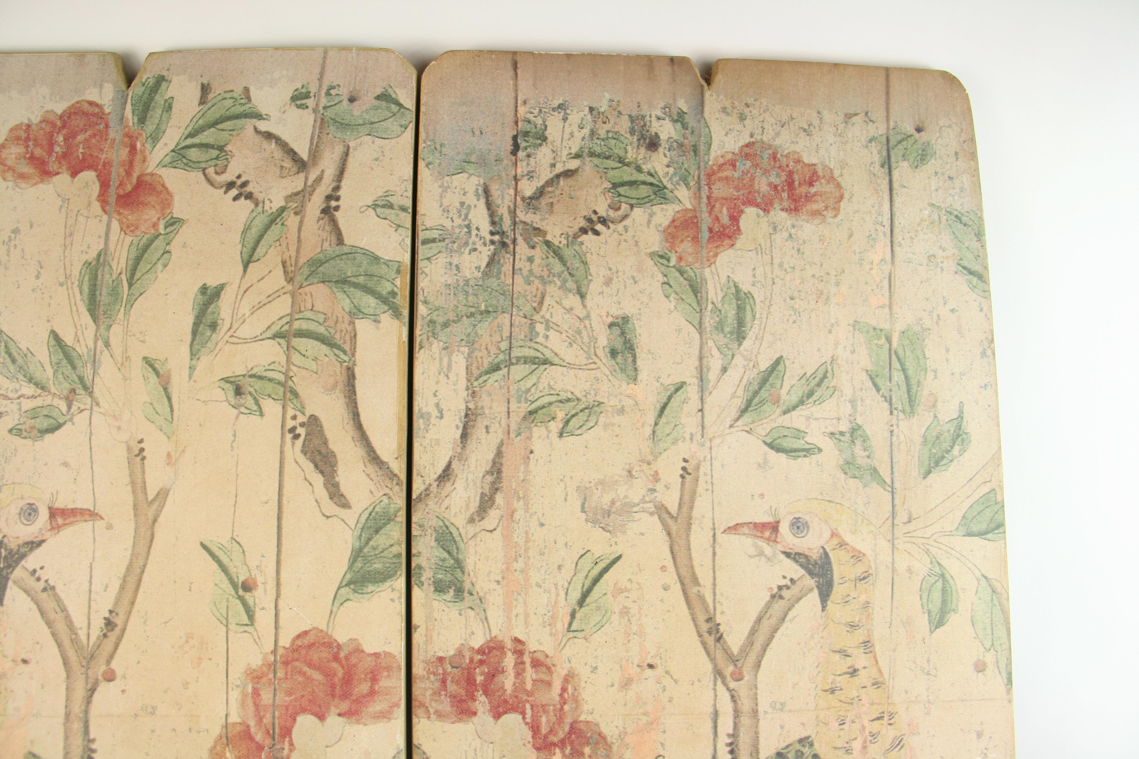 3760 pair of screen printed wood Asian panels depicting birds in nature.
Each wood panel 13.5