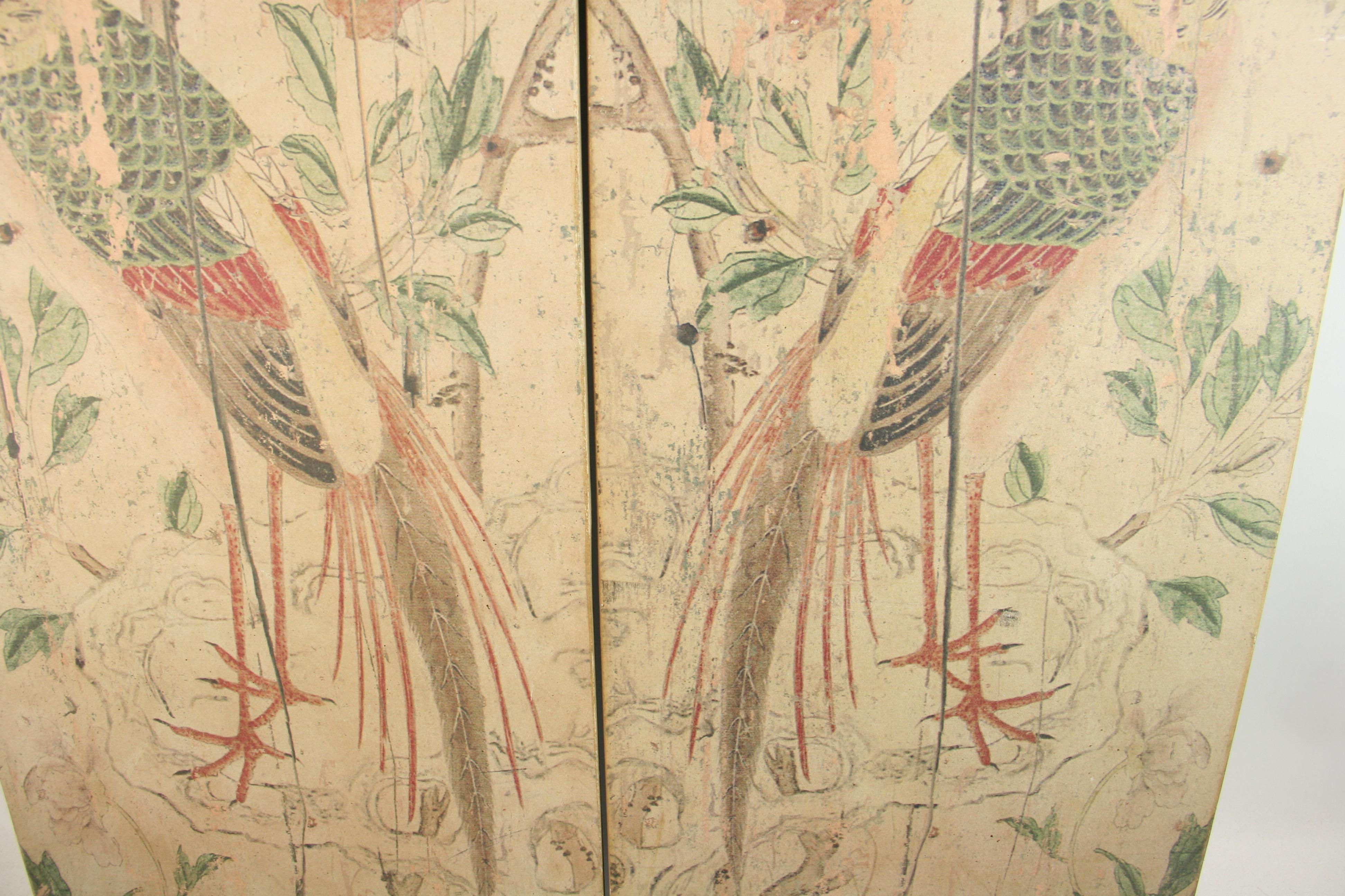 Late 20th Century Pair of Asian Wood Outdoor Garden  Bird Scene Panels