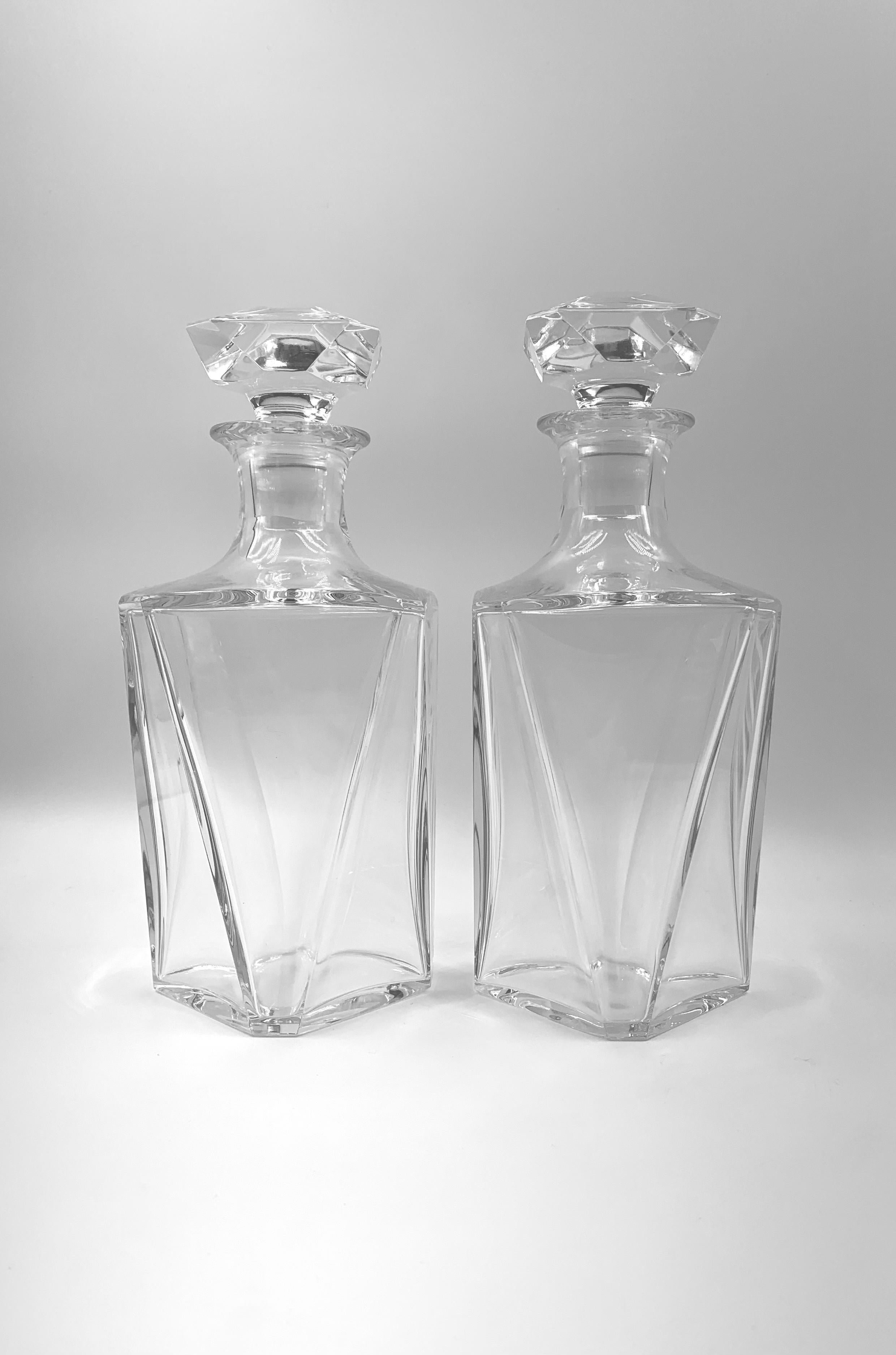 Mid-Century Modern Pair Asymmetrical MCM Baccarat Crystal Whiskey Decanters, 20th Century For Sale