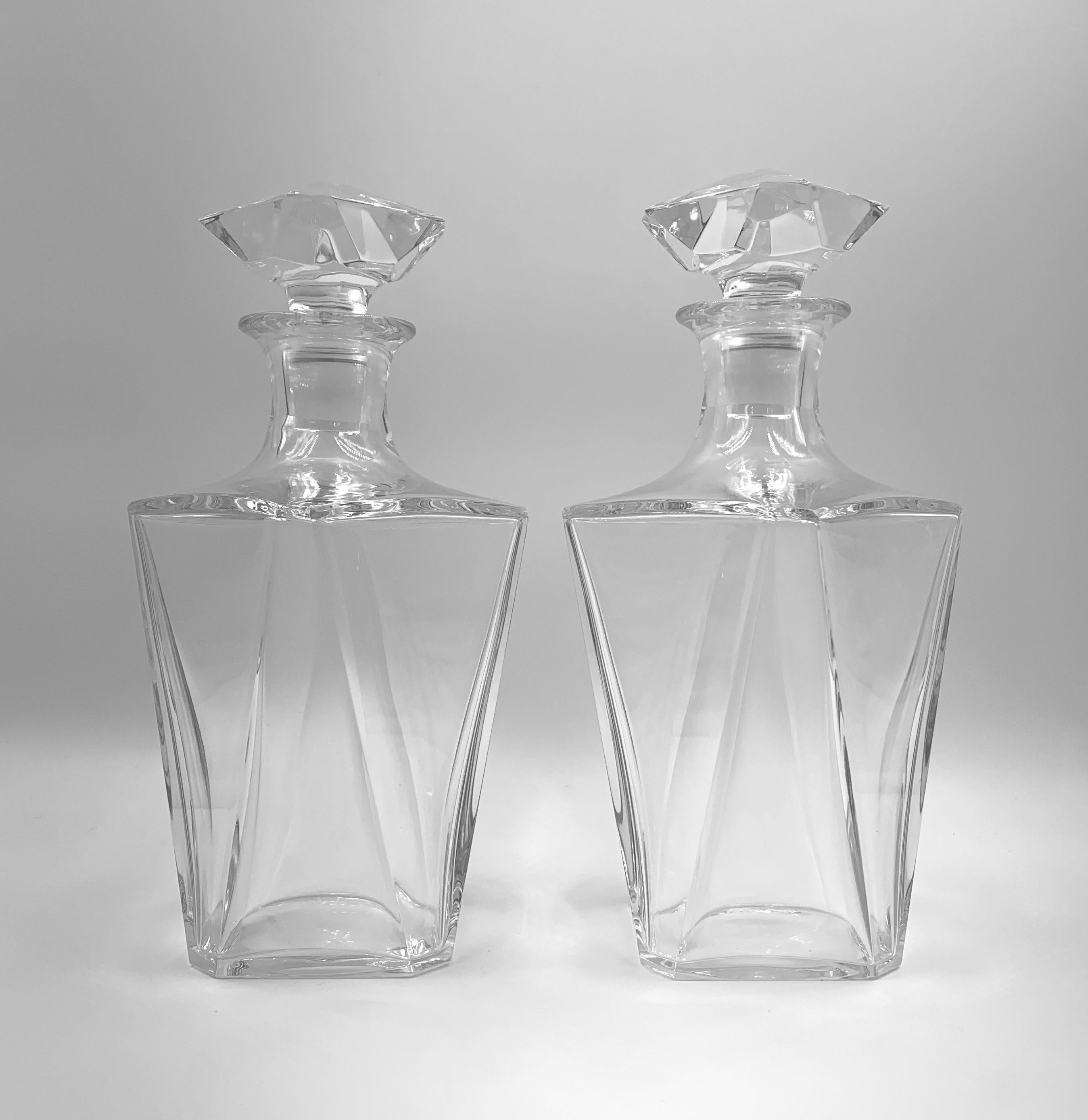 Pair Asymmetrical MCM Baccarat Crystal Whiskey Decanters, 20th Century In Good Condition For Sale In New York, NY