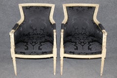 Pair Attributed Maison Jansen French Louis XVI Style Distressed Painted Bergeres