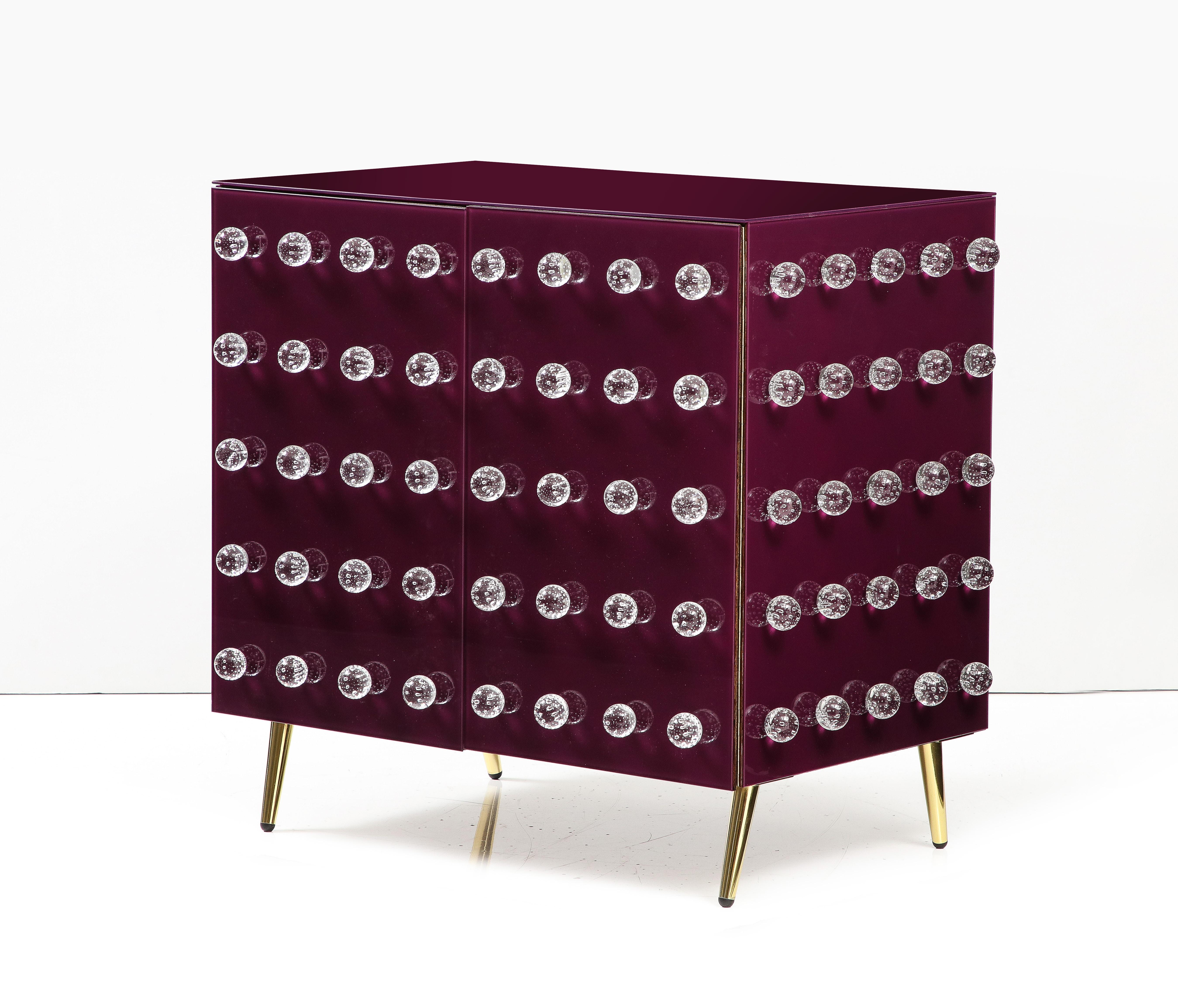 Pair Aubergine Glass with Clear Murano Spheres Cabinets with Brass Legs, Italy For Sale 9