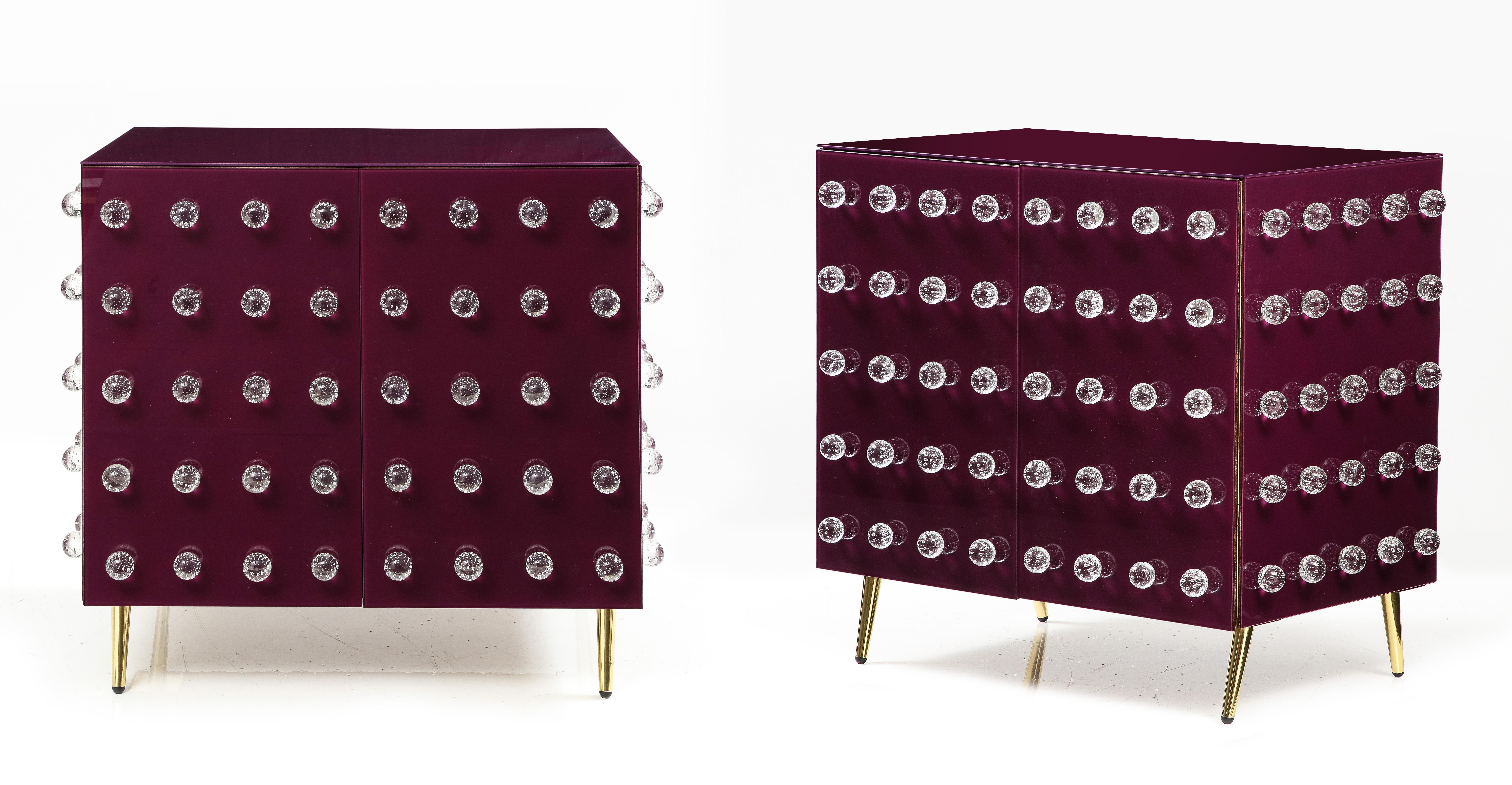 Pair Aubergine Glass with Clear Murano Spheres Cabinets with Brass Legs, Italy For Sale 10