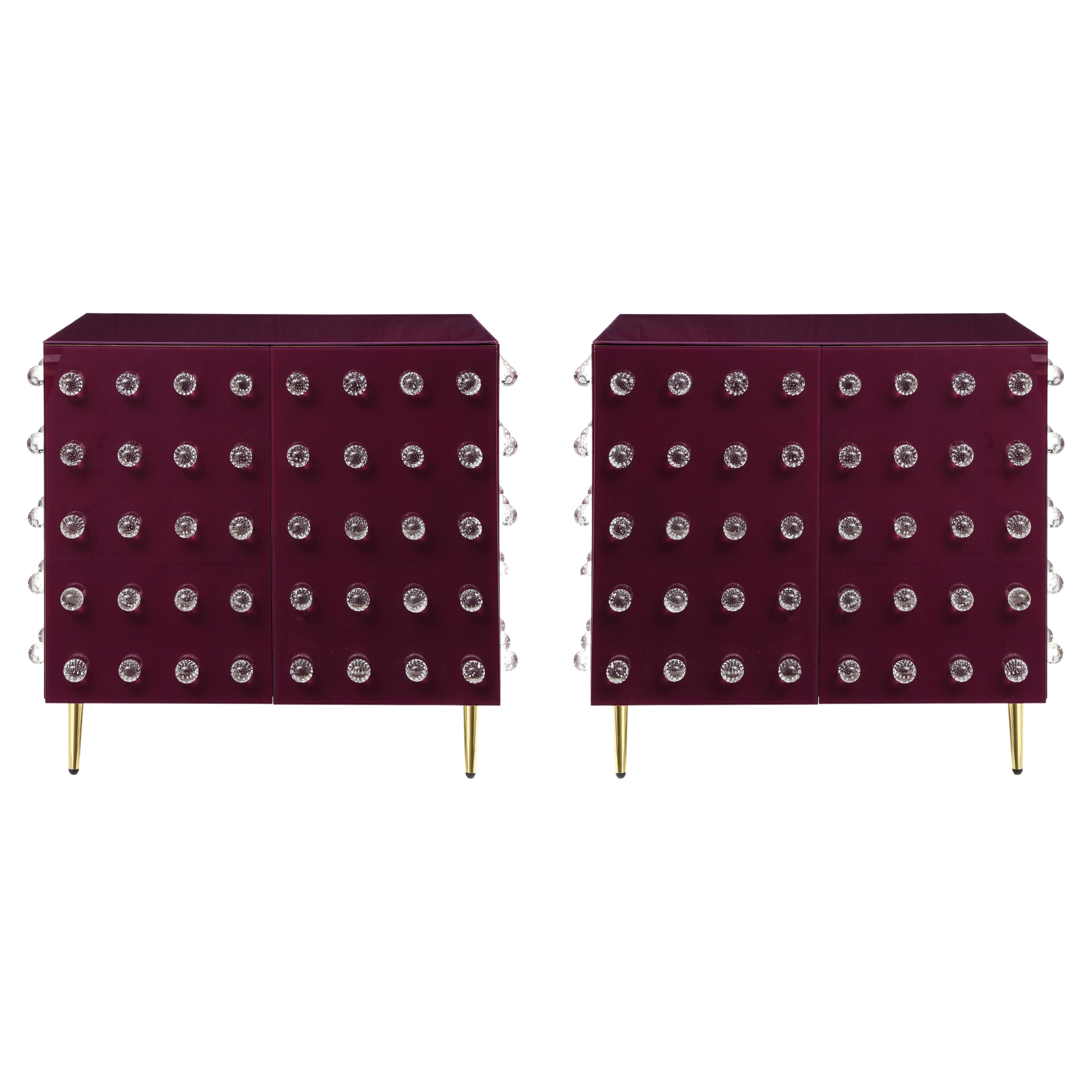 Pair Aubergine Glass with Clear Murano Spheres Cabinets with Brass Legs, Italy