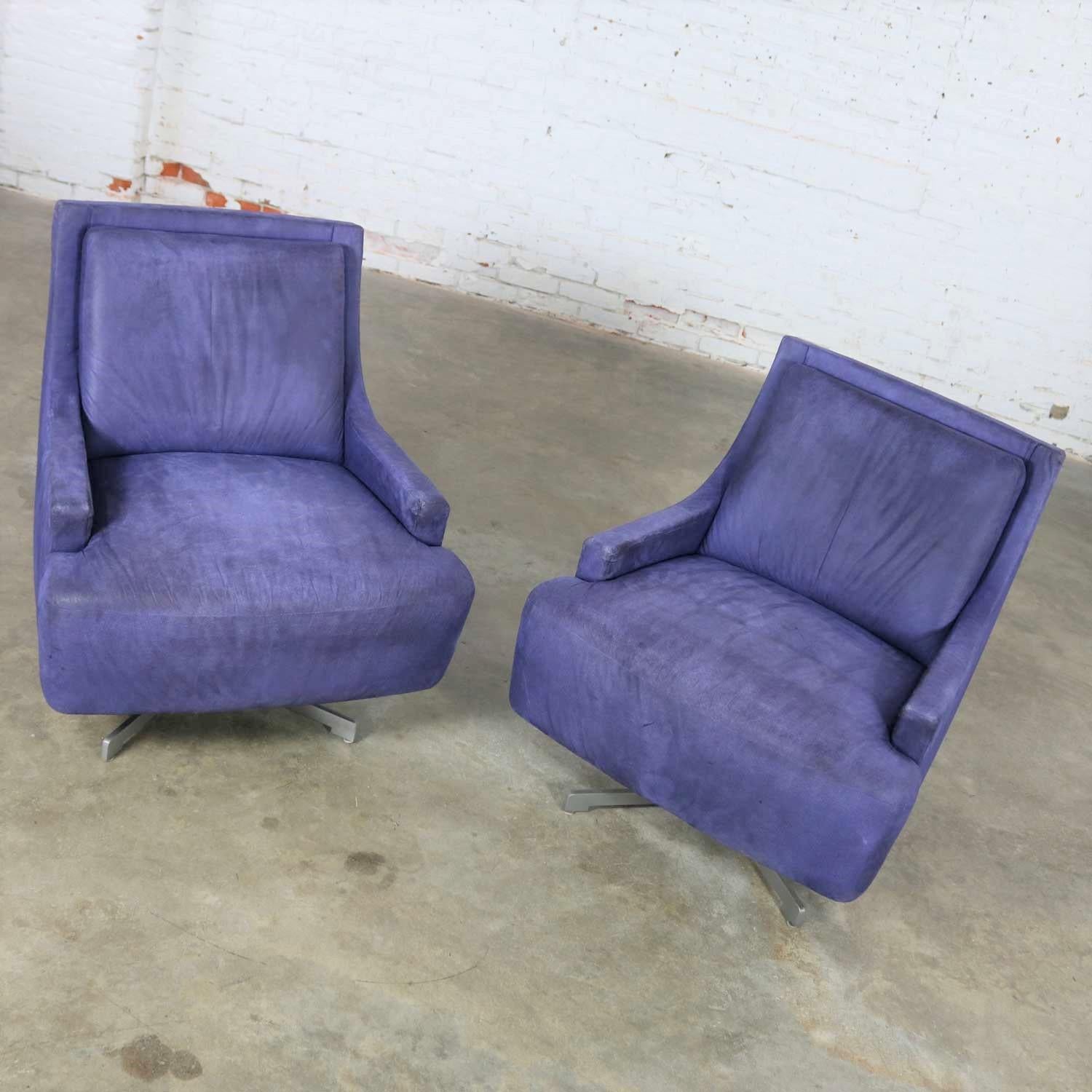 Modern Pair Aubergine Scoop Swivel Lounge Chairs, Metal Base by Barbara Barry for HBF For Sale