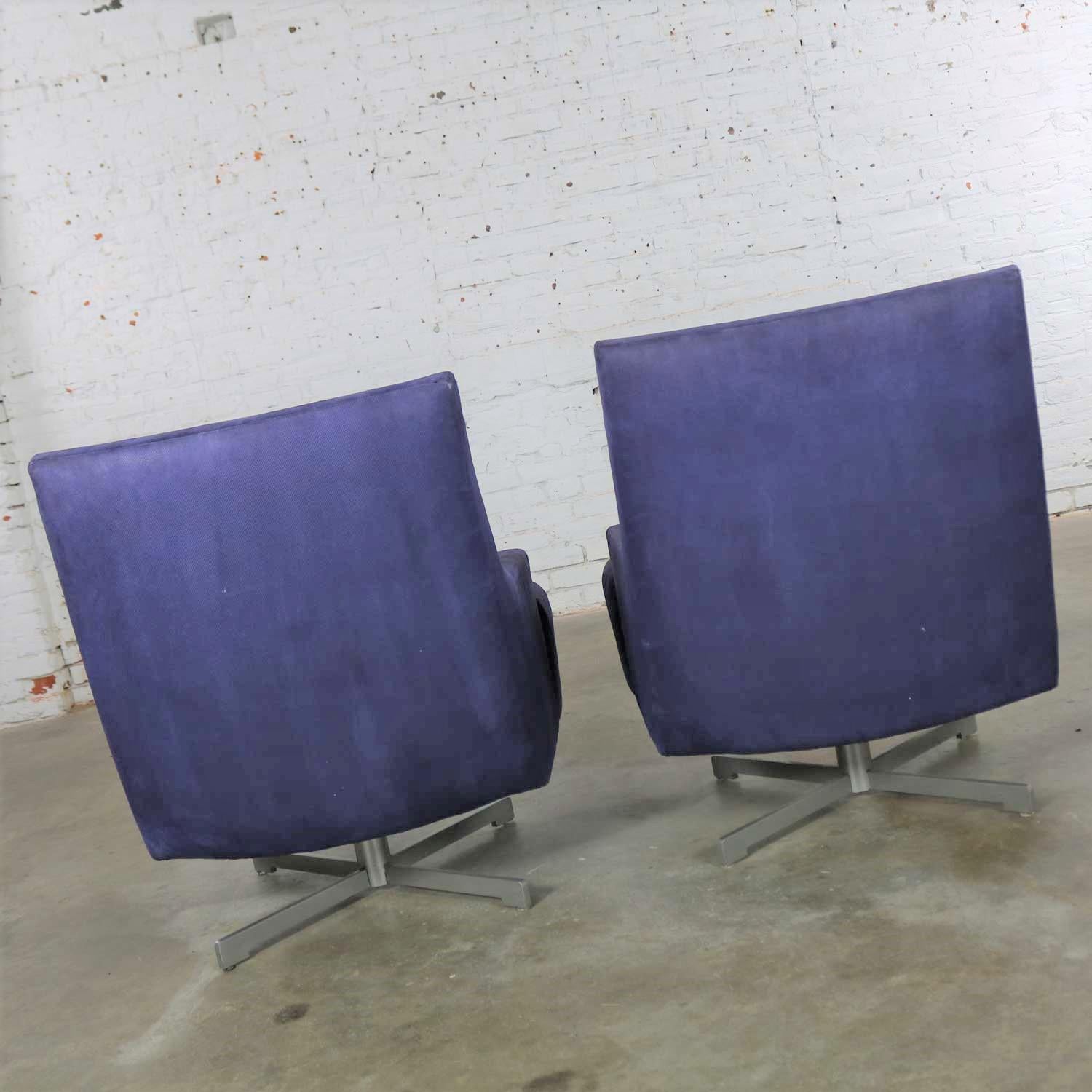 Contemporary Pair Aubergine Scoop Swivel Lounge Chairs, Metal Base by Barbara Barry for HBF For Sale