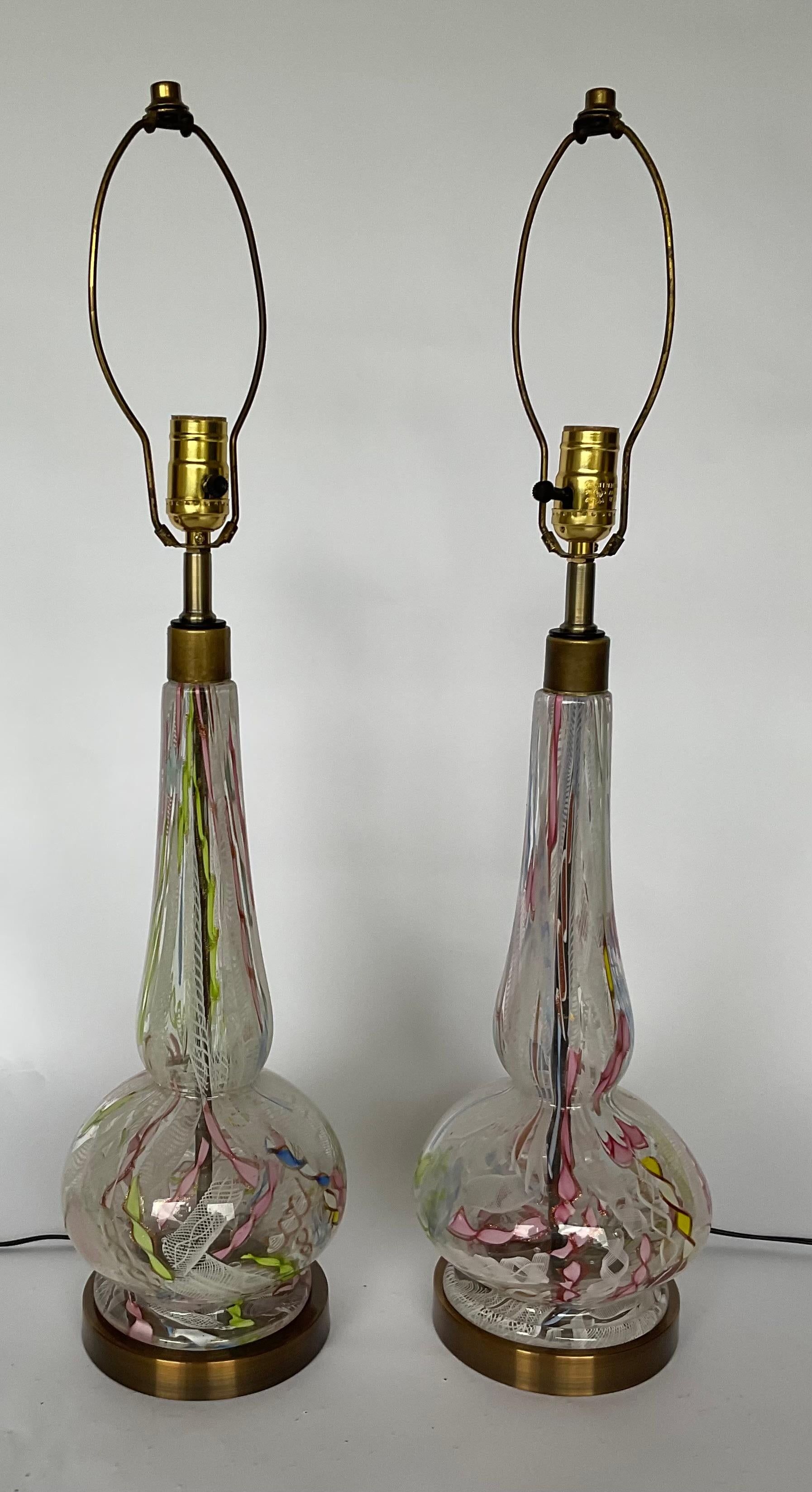 Mid-Century Modern PAIR Aureliano Toso Dino Martens attribué Patchwork Latticino Murano lampes  en vente