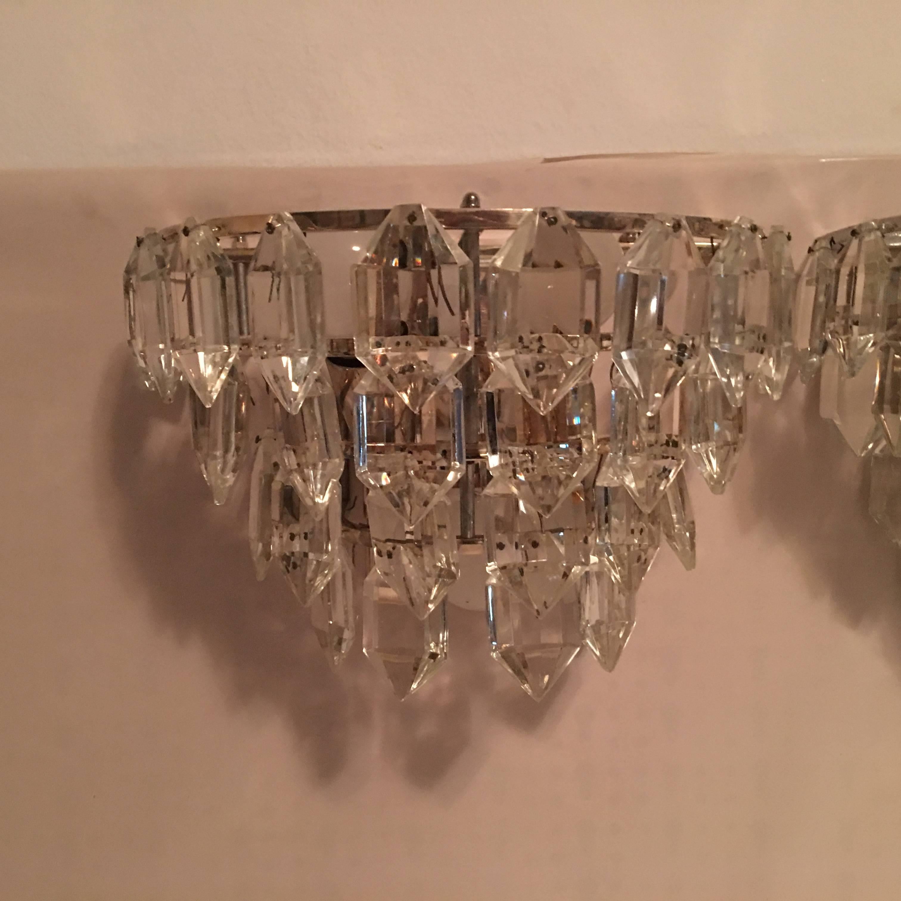 Metal Pair of lovely Austrian Tiered Crystal Glass Sconces  For Sale