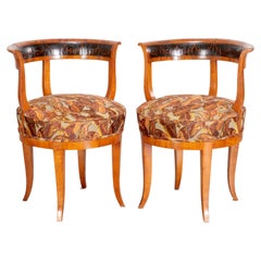 Pair Austrian Biedermeier Fruitwood & Ebonized Armchairs, Embroidered Upholstery