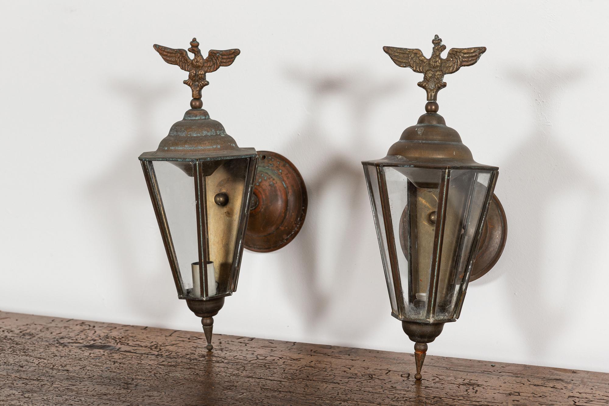 Early 20th Century Pair Austrian Eagle Mounted Brass Wall Lanterns