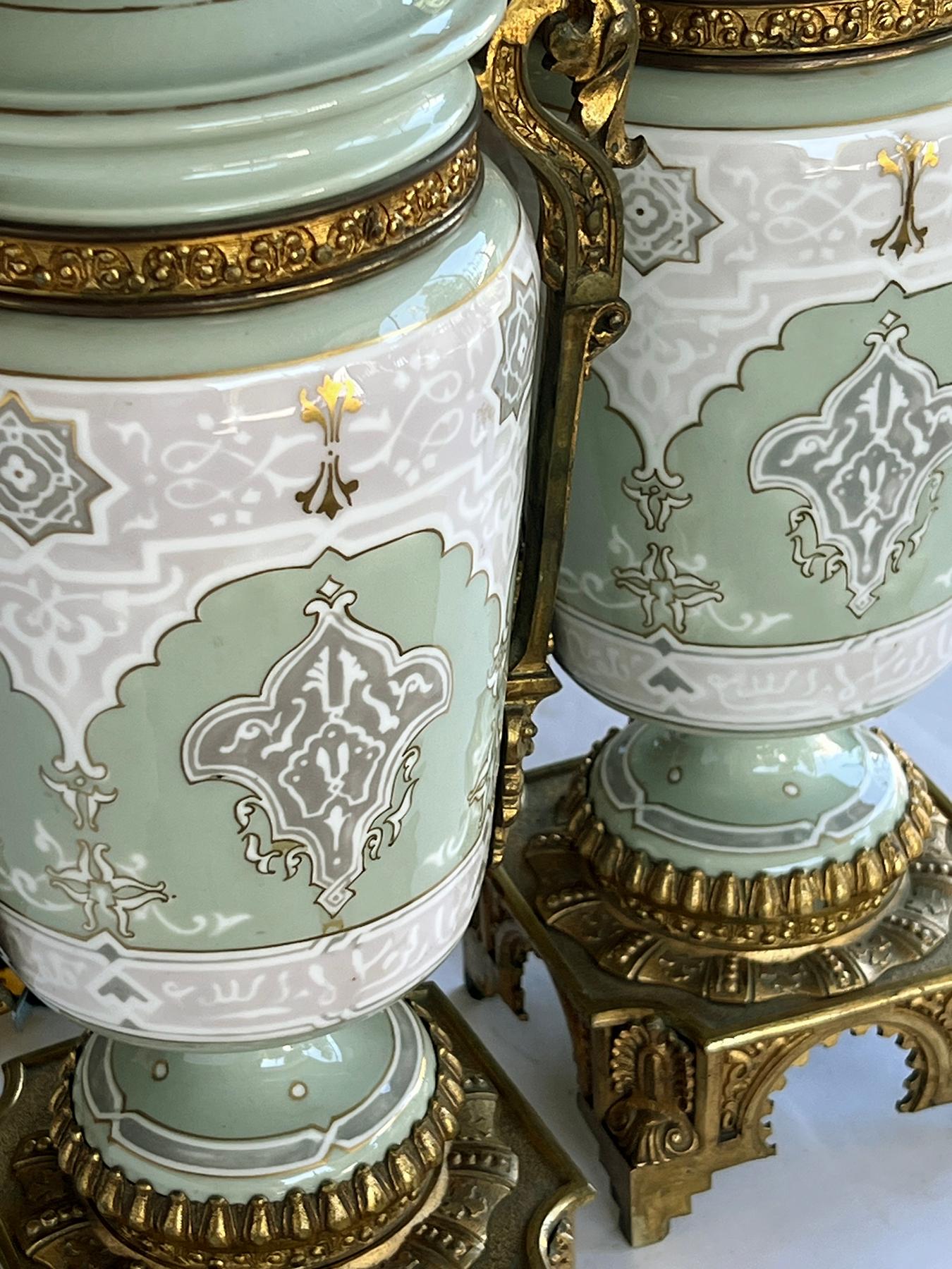 Moorish Pair Austrian Porcelain Celadon Glazed Urn-form Lamps with Gilt Bronze Mounts For Sale