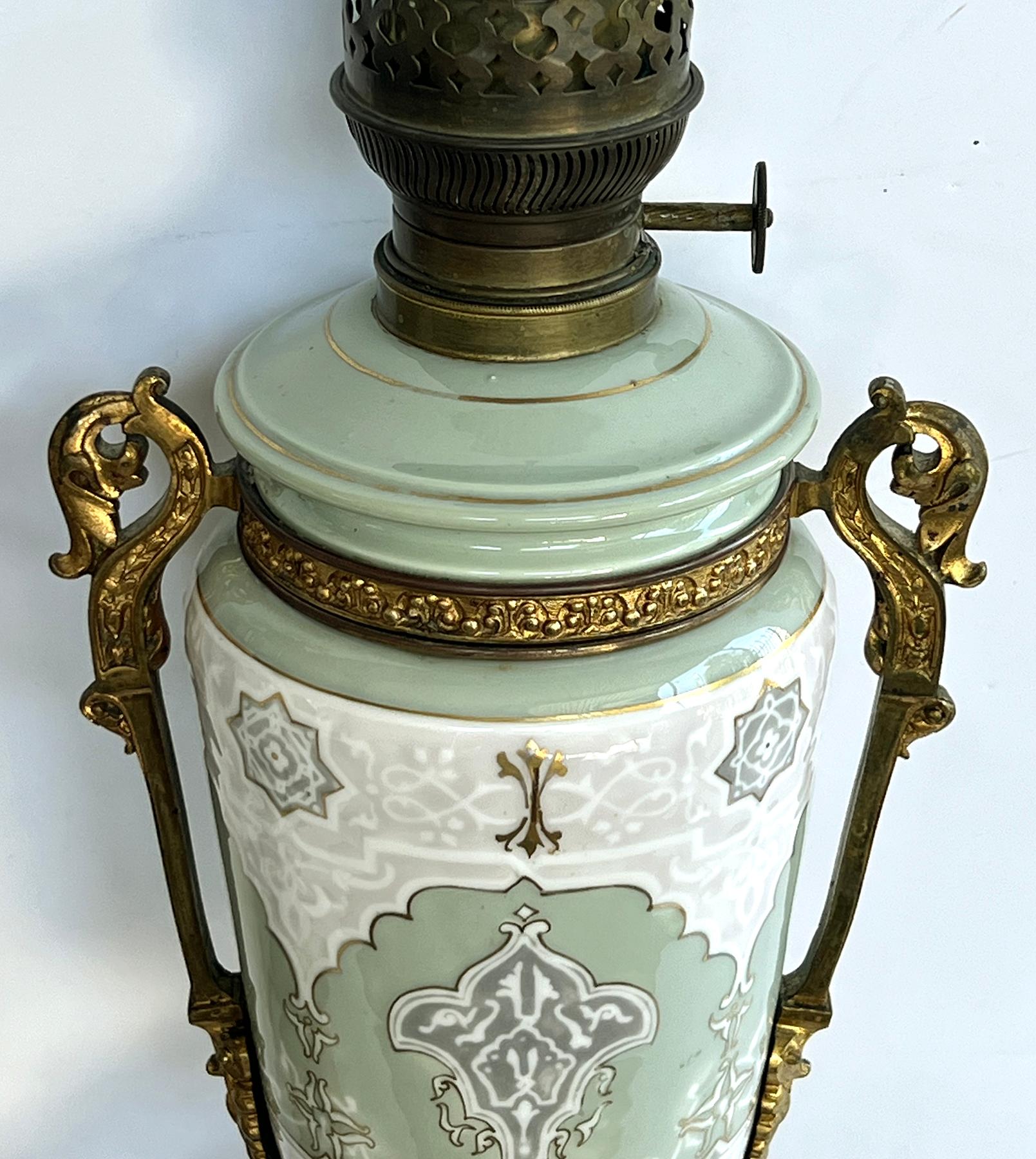 Pair Austrian Porcelain Celadon Glazed Urn-form Lamps with Gilt Bronze Mounts In Good Condition For Sale In San Francisco, CA