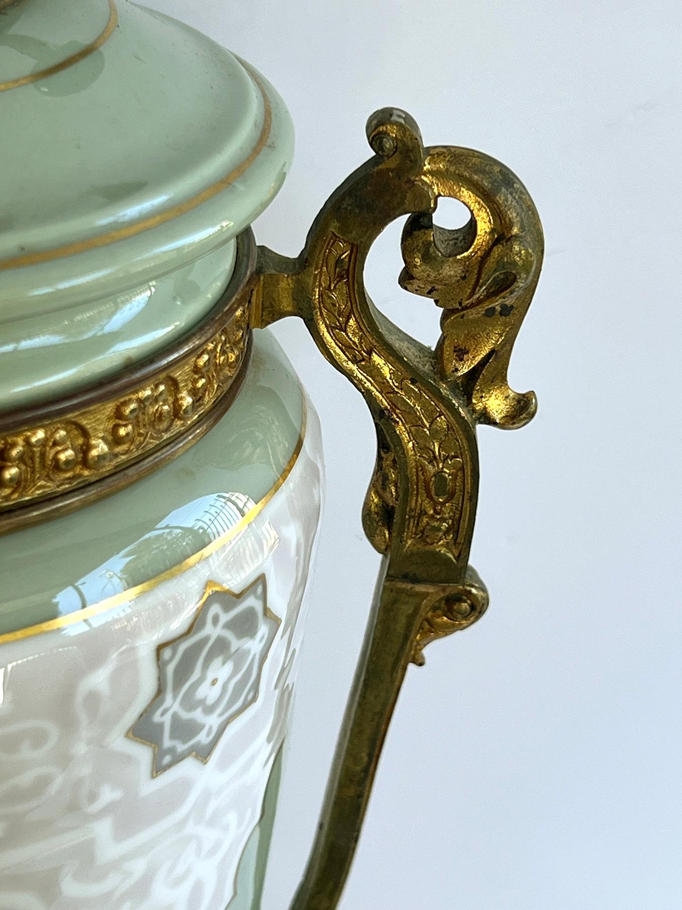 Pair Austrian Porcelain Celadon Glazed Urn-form Lamps with Gilt Bronze Mounts For Sale 1