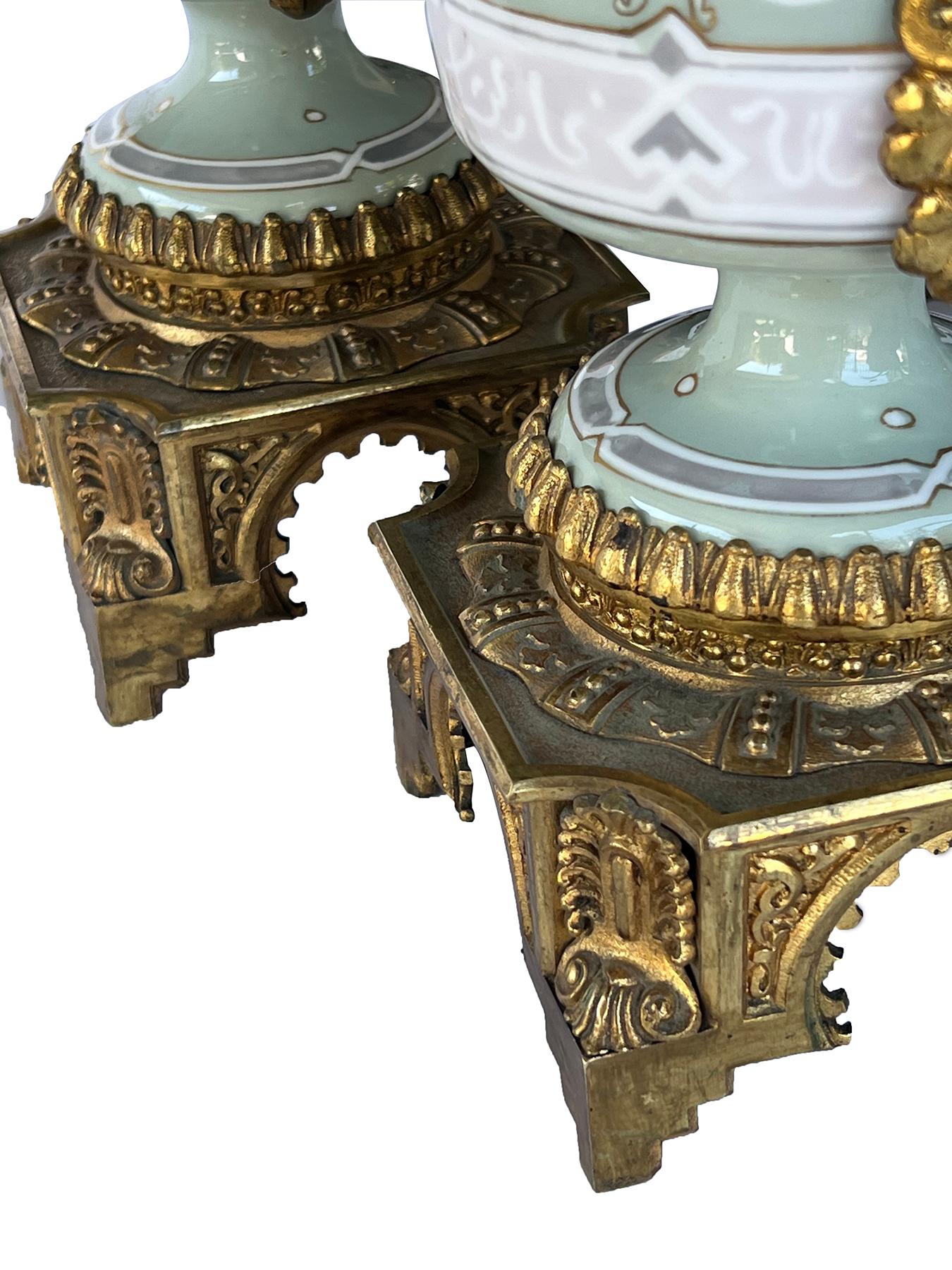 Pair Austrian Porcelain Celadon Glazed Urn-form Lamps with Gilt Bronze Mounts For Sale 2