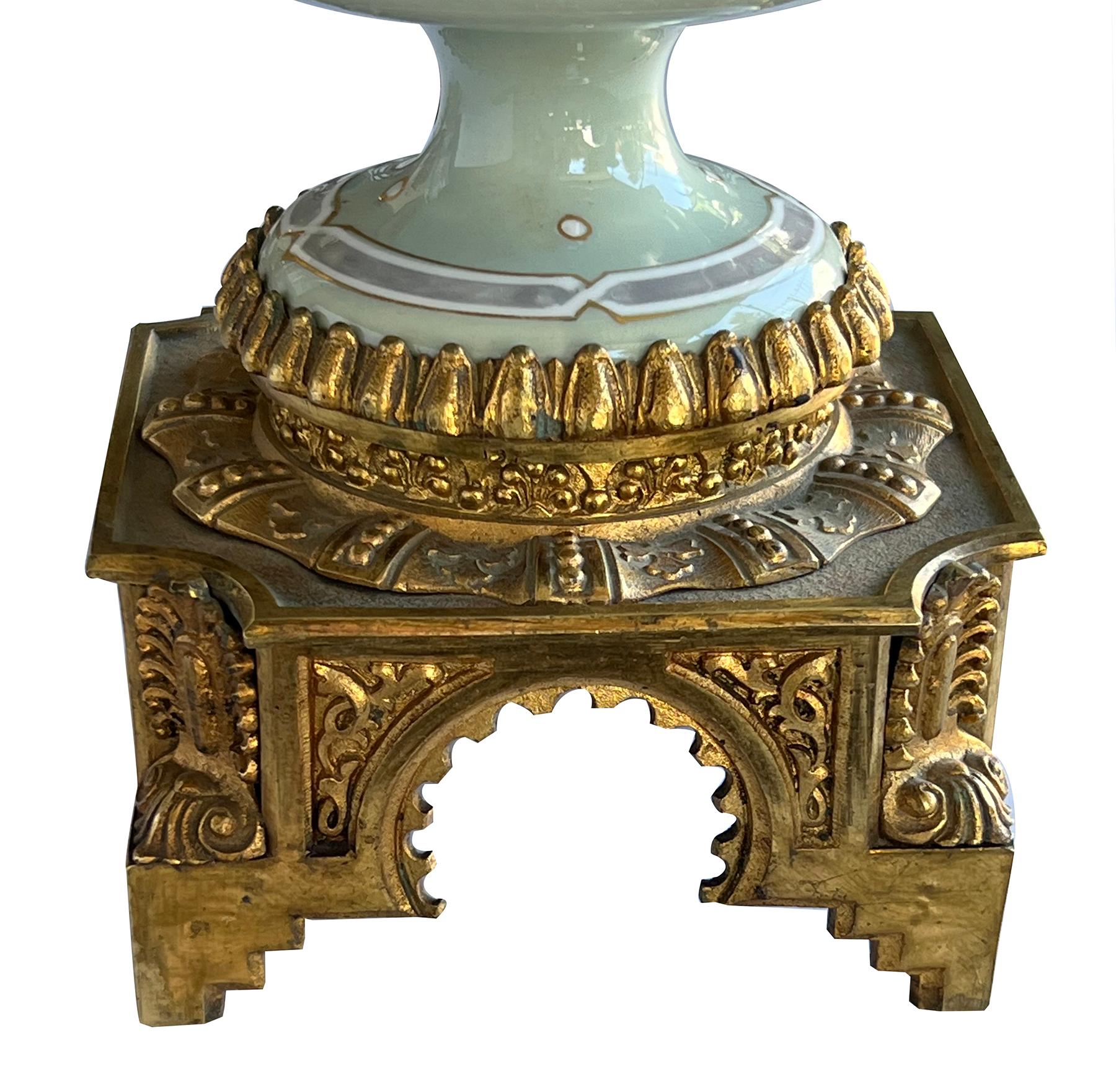 Pair Austrian Porcelain Celadon Glazed Urn-form Lamps with Gilt Bronze Mounts For Sale 3