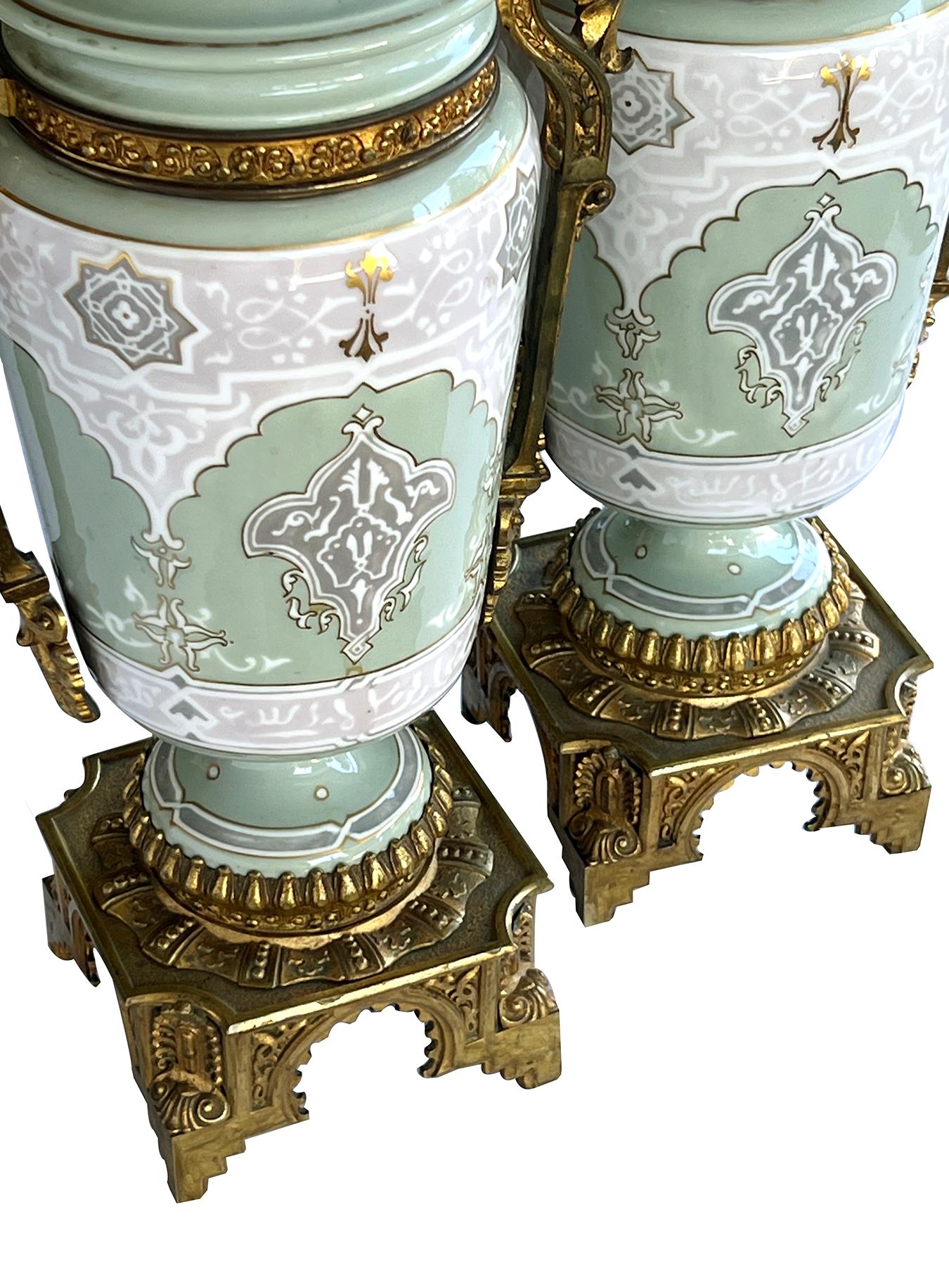 Pair Austrian Porcelain Celadon Glazed Urn-form Lamps with Gilt Bronze Mounts For Sale 4