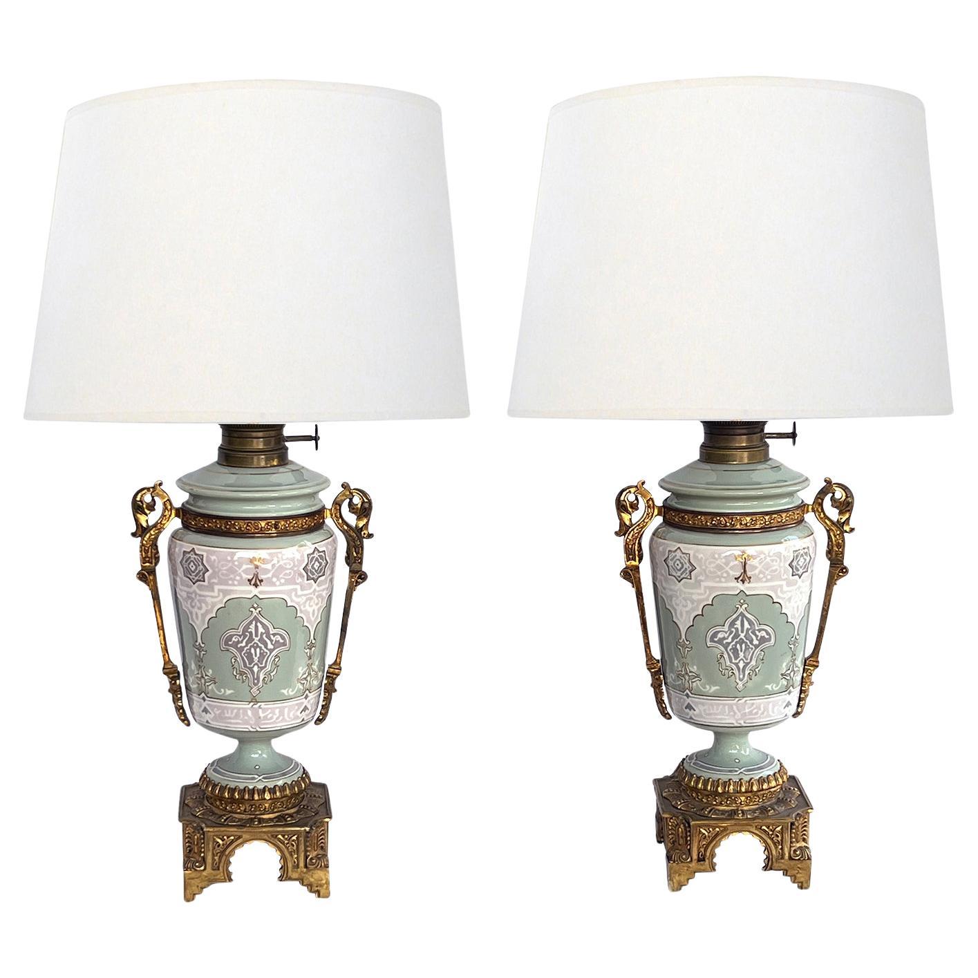 Pair Austrian Porcelain Celadon Glazed Urn-form Lamps with Gilt Bronze Mounts For Sale
