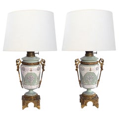 Pair Austrian Porcelain Celadon Glazed Urn-form Lamps with Gilt Bronze Mounts