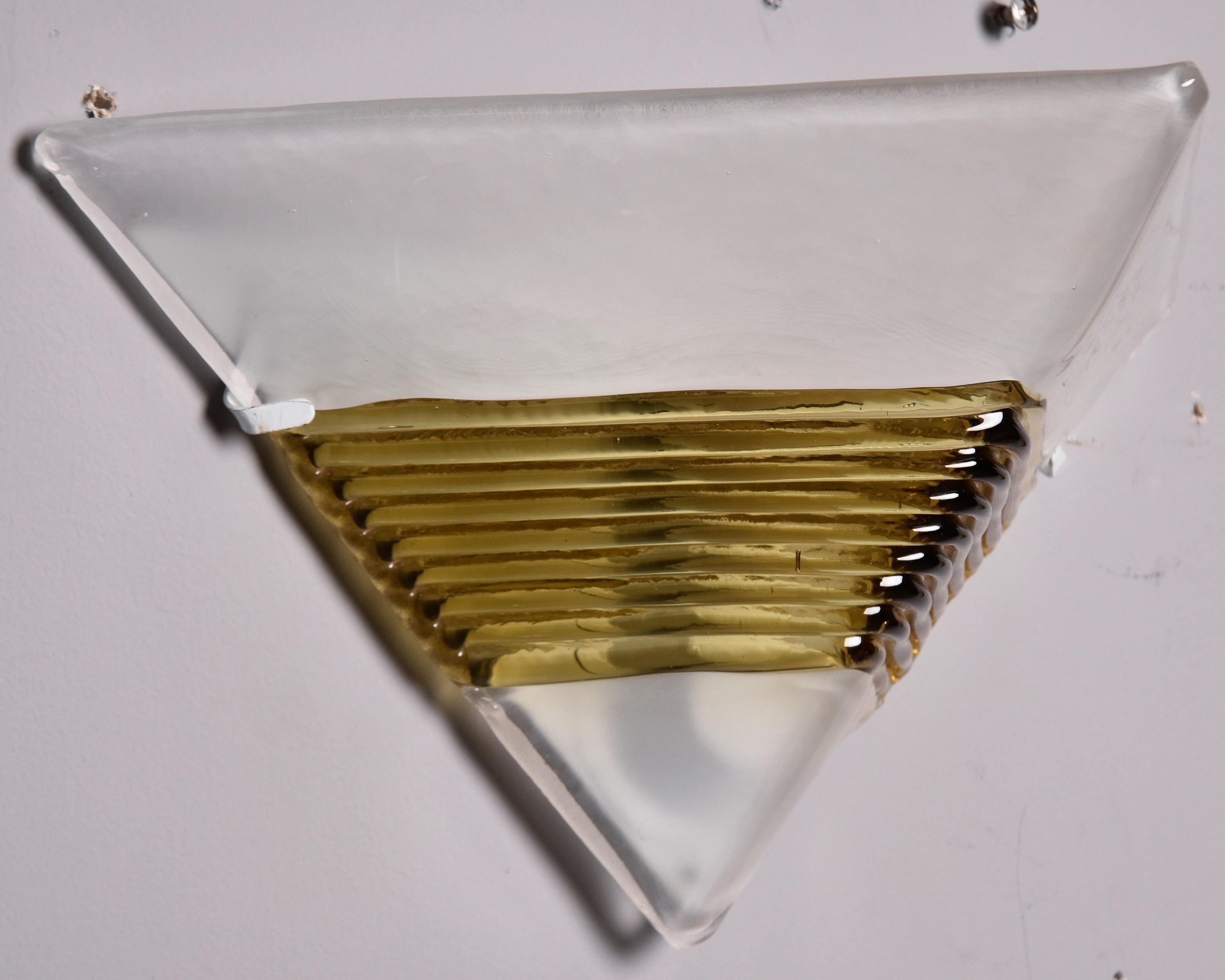 Pair AV Mazzega Triangular White Murano Glass Sconces with Gold Ribbed Accents For Sale 4
