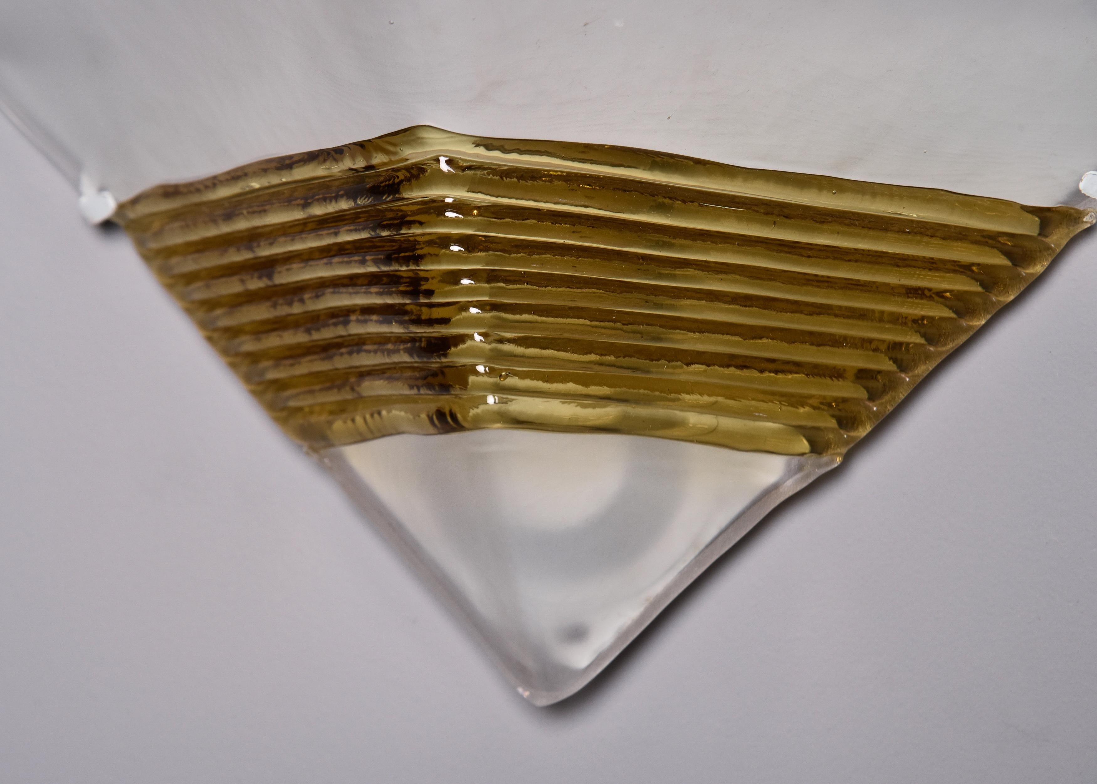 Pair AV Mazzega Triangular White Murano Glass Sconces with Gold Ribbed Accents For Sale 5