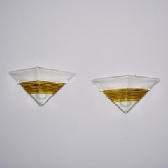 Pair AV Mazzega Triangular White Murano Glass Sconces with Gold Ribbed Accents
