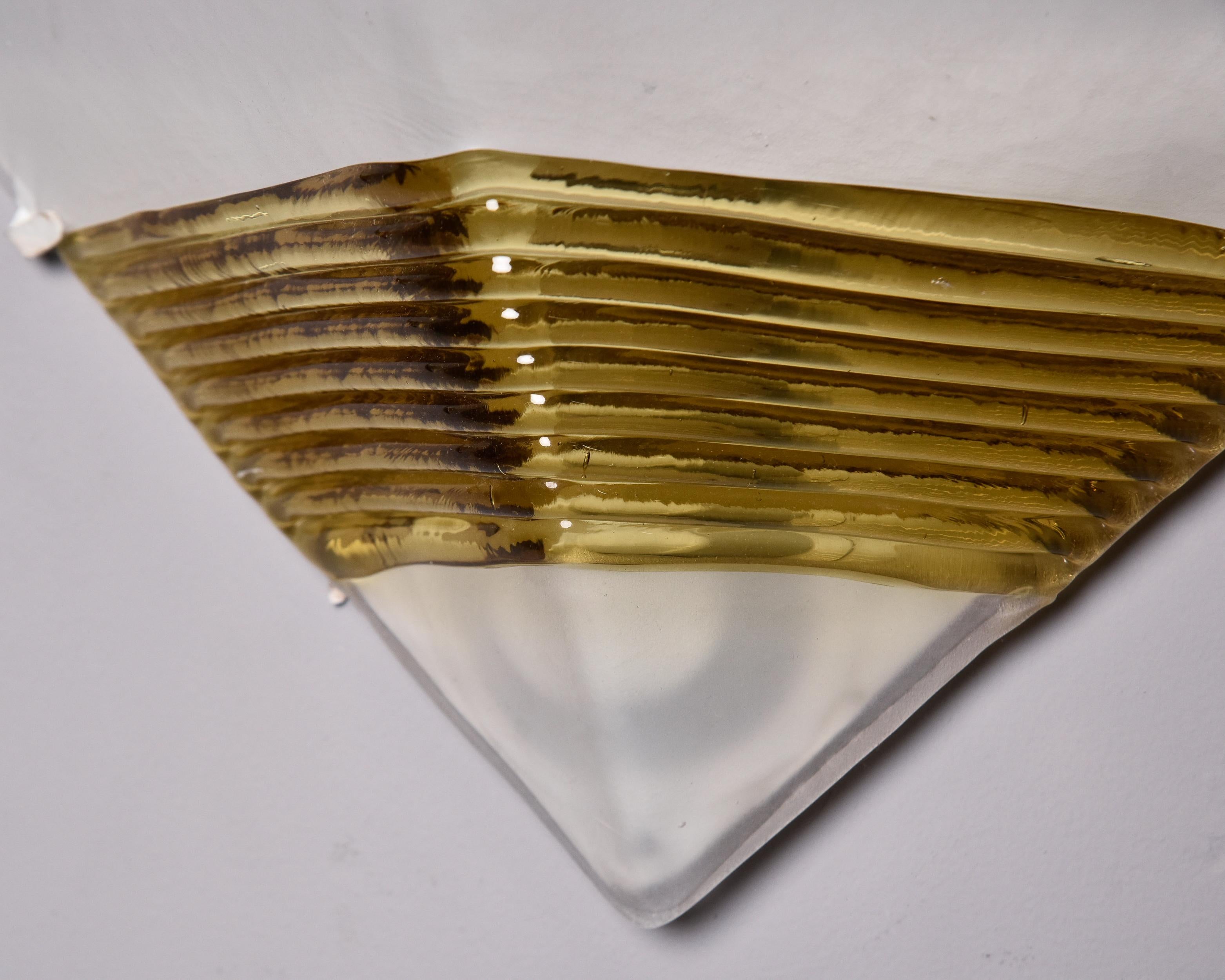 Metal Pair AV Mazzega Triangular White Murano Glass Sconces with Gold Ribbed Accents For Sale