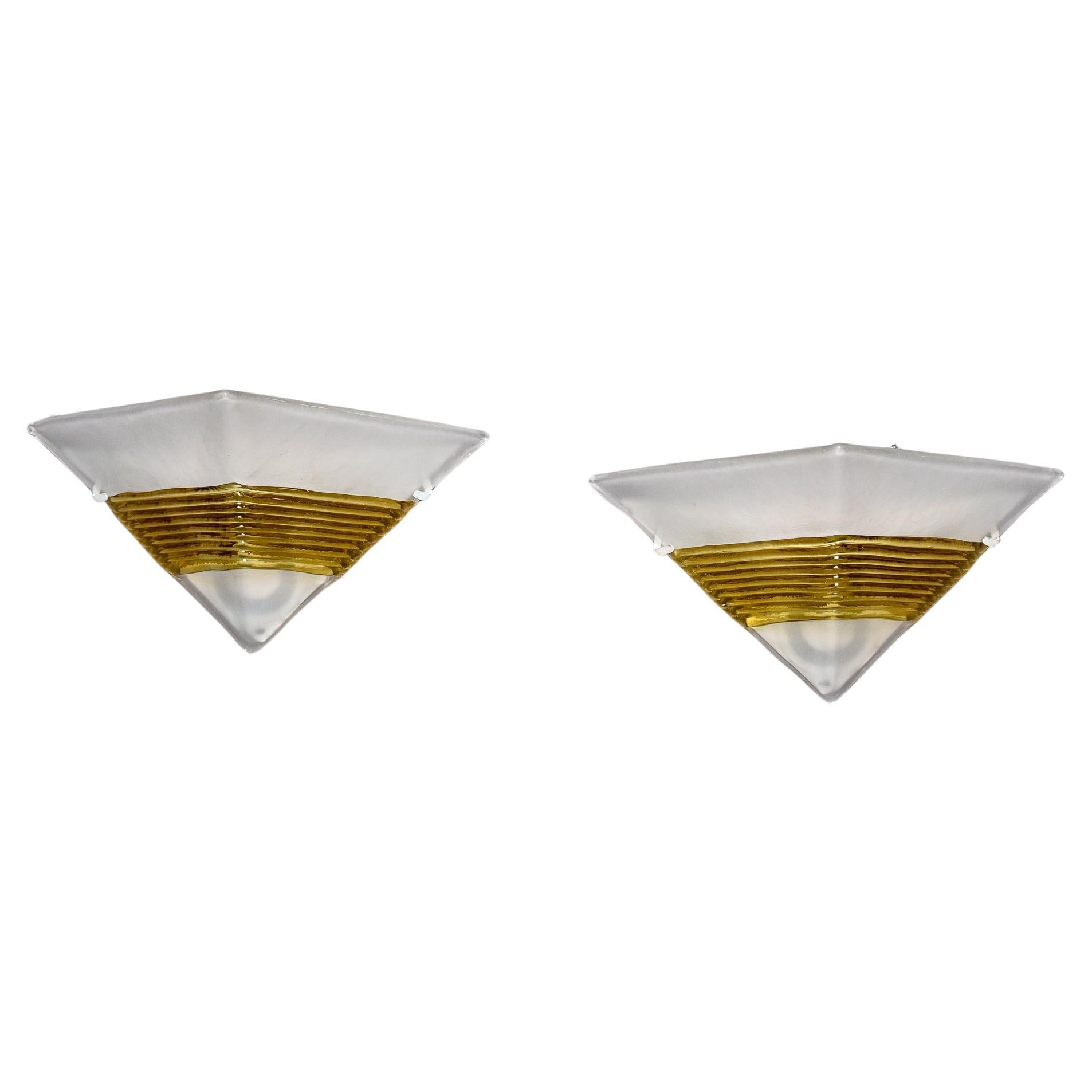 Pair AV Mazzega Triangular White Murano Glass Sconces with Gold Ribbed Accents For Sale
