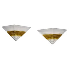 Vintage Pair AV Mazzega Triangular White Murano Glass Sconces with Gold Ribbed Accents
