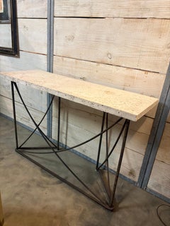 Pair Available 1980s Coquina Stone and Patinated Steel Console Tables