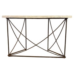 Pair Available 1980s Coquina Stone and Patinated Steel Console Tables