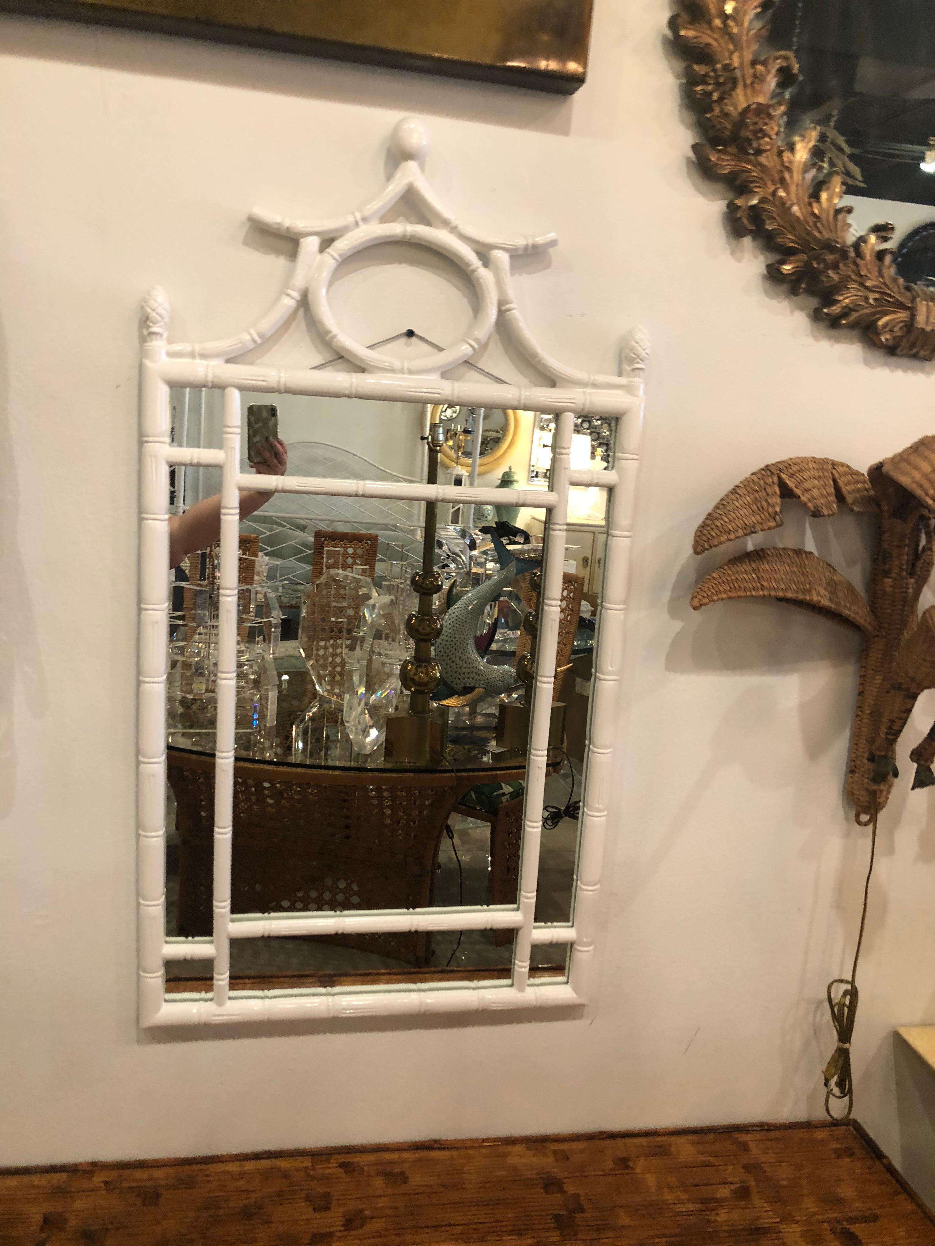 Pair Available Vintage Faux Bamboo White Lacquered Pagoda Wall Mirror In Excellent Condition In West Palm Beach, FL
