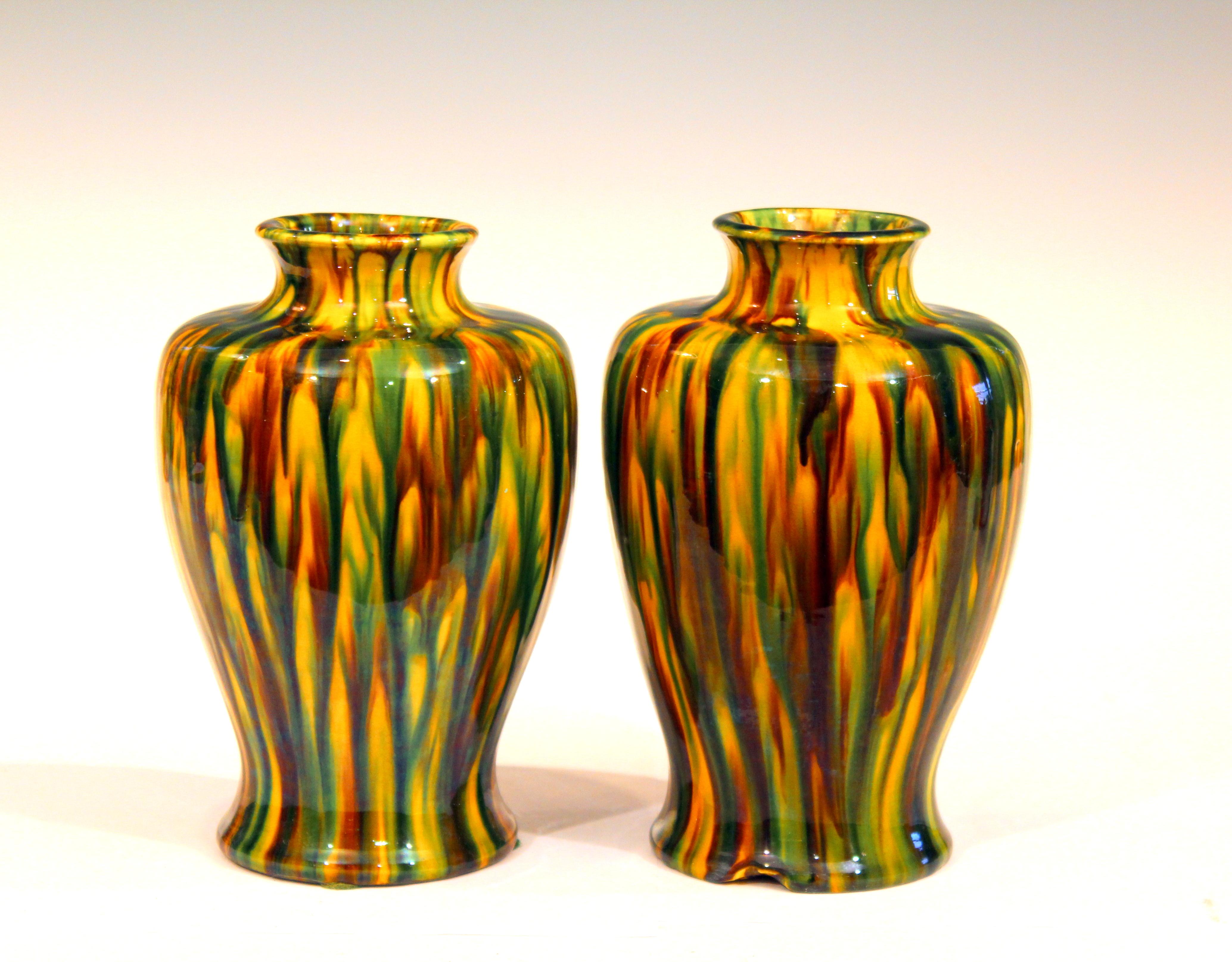 Turned Pair of Awaji Pottery Art Deco Japanese Garniture Yellow Flambe Glaze Vases