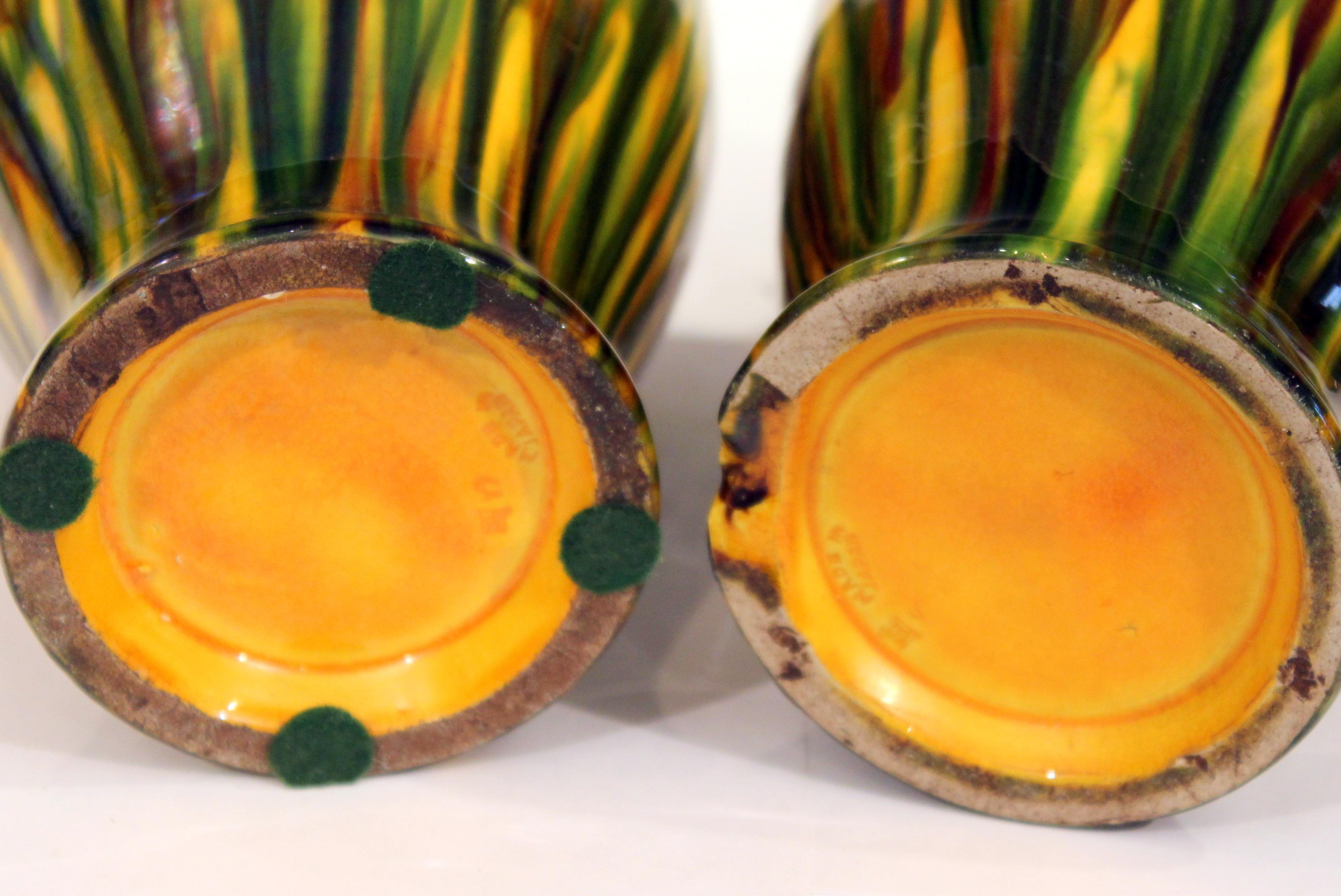 Pair of Awaji Pottery Art Deco Japanese Garniture Yellow Flambe Glaze Vases 1