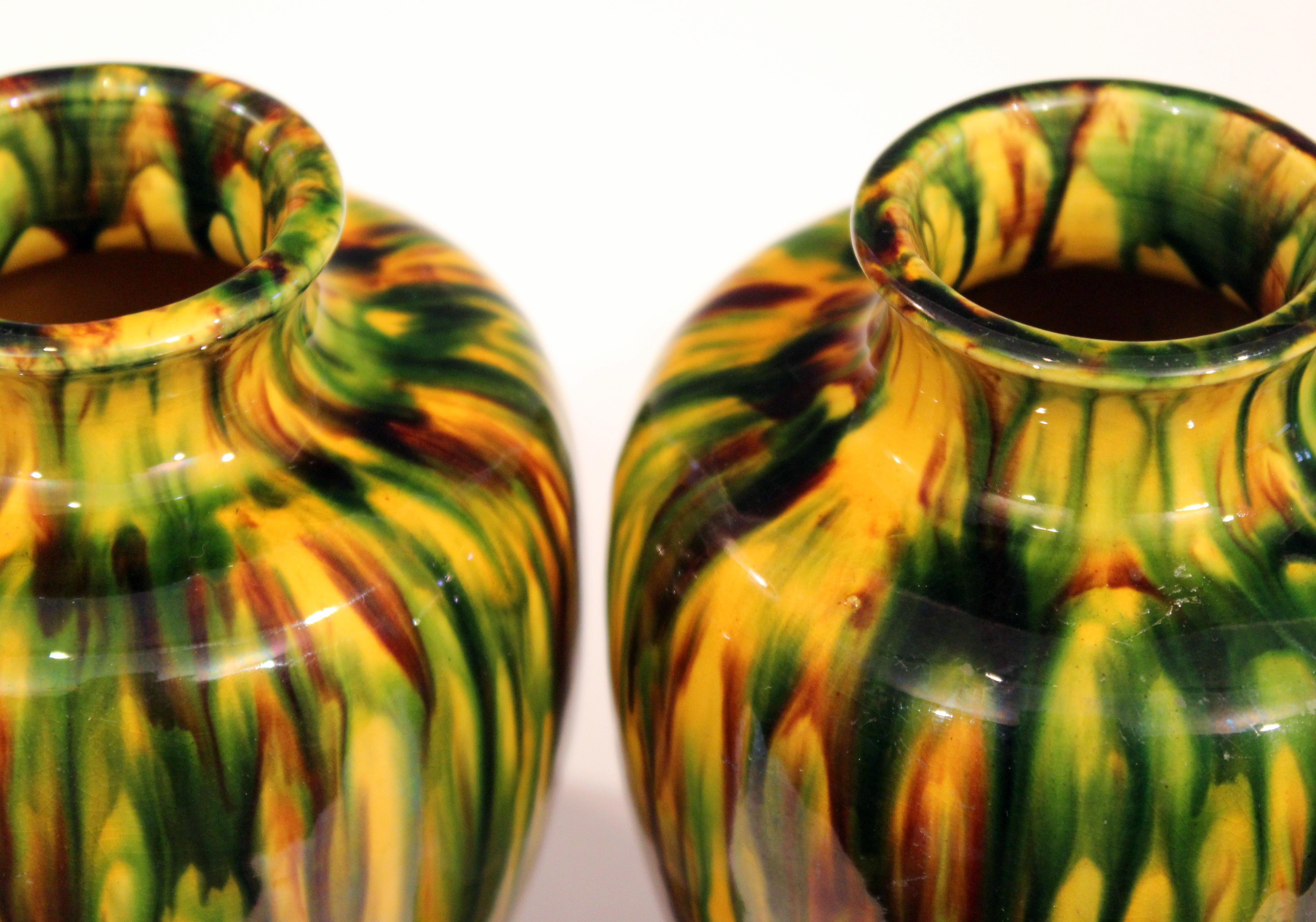 Pair of Awaji Pottery Art Deco Japanese Garniture Yellow Flambe Glaze Vases 2