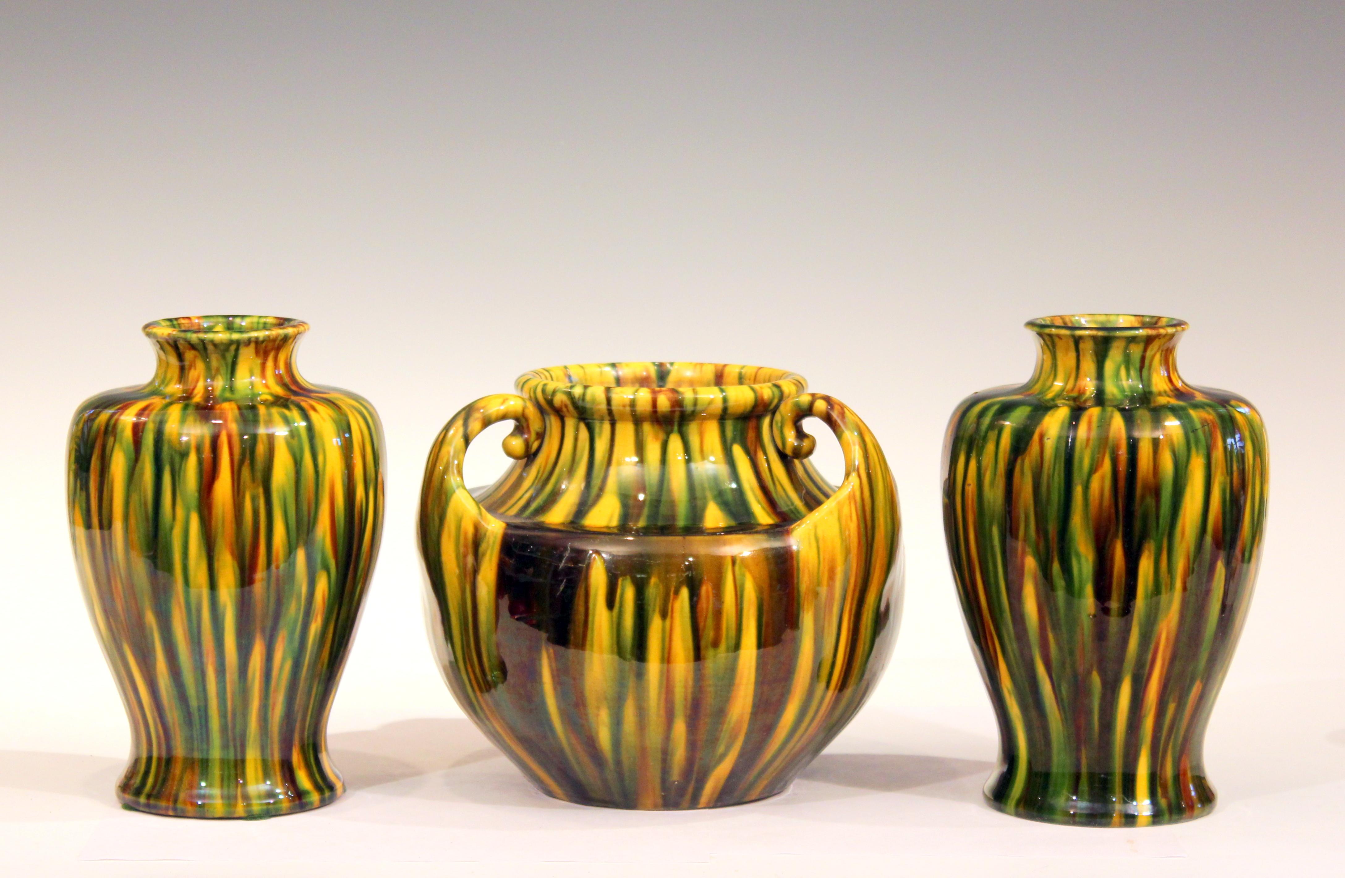 Pair of Awaji Pottery Art Deco Japanese Garniture Yellow Flambe Glaze Vases 3