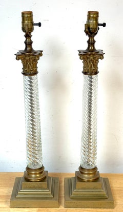 Pair Baccarat Attributed Gilt Bronze and Spiral Crystal Corinthian Column Lamps