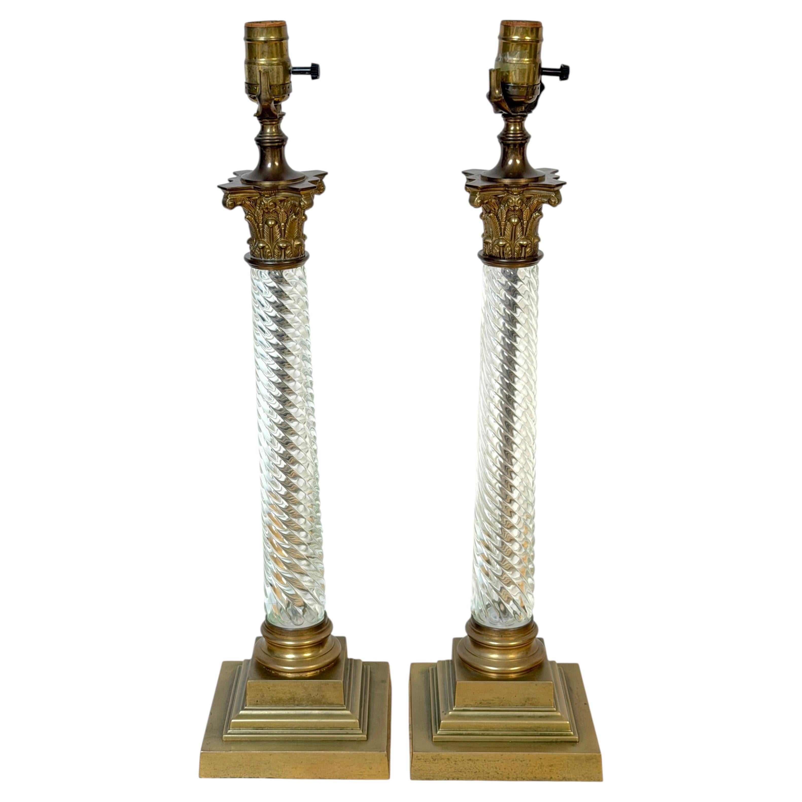 Pair Baccarat Attributed Gilt Bronze and Spiral Crystal Corinthian Column Lamps