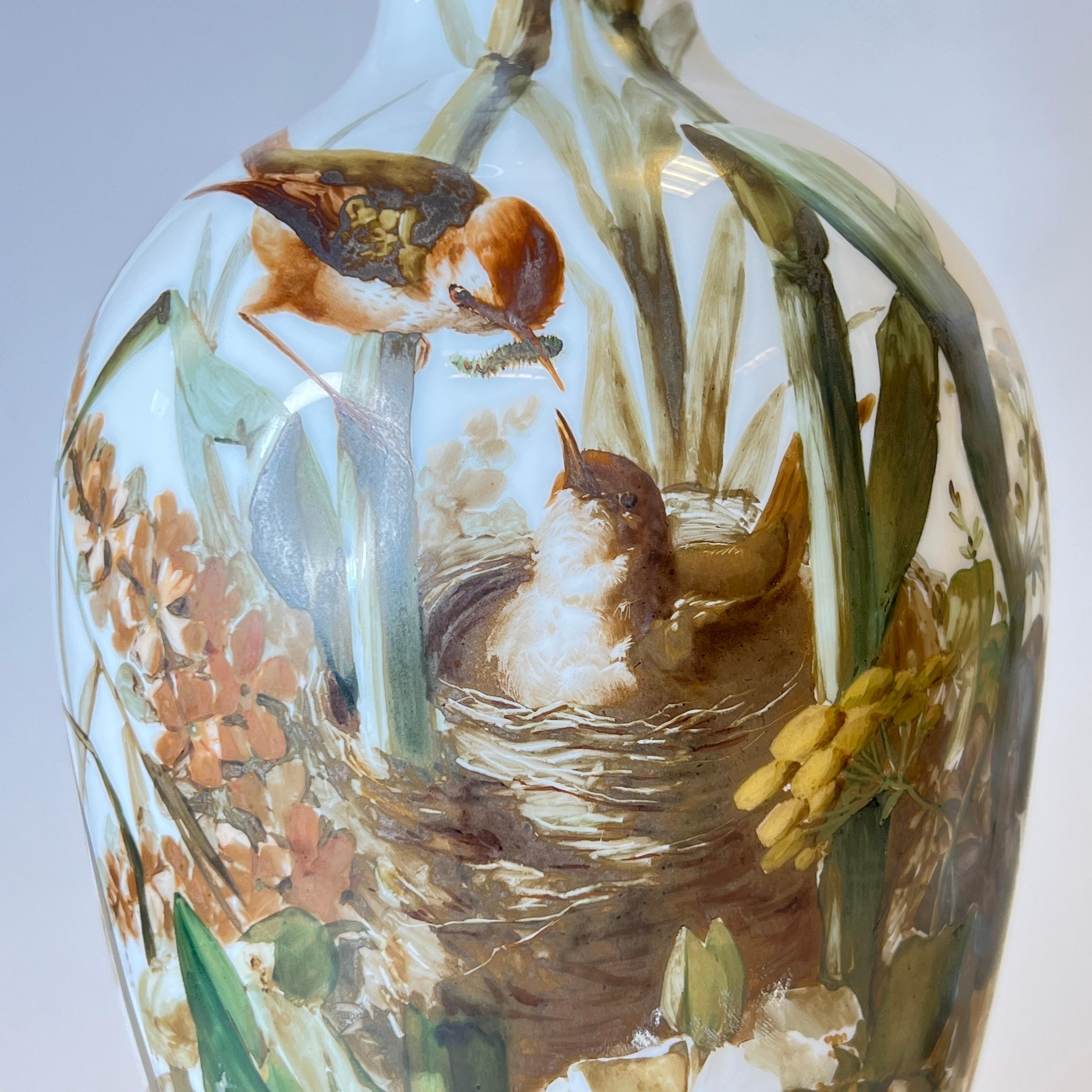 Pair Baccarat Attributed Opaline Glass Vases with Painted Song Birds For Sale 4