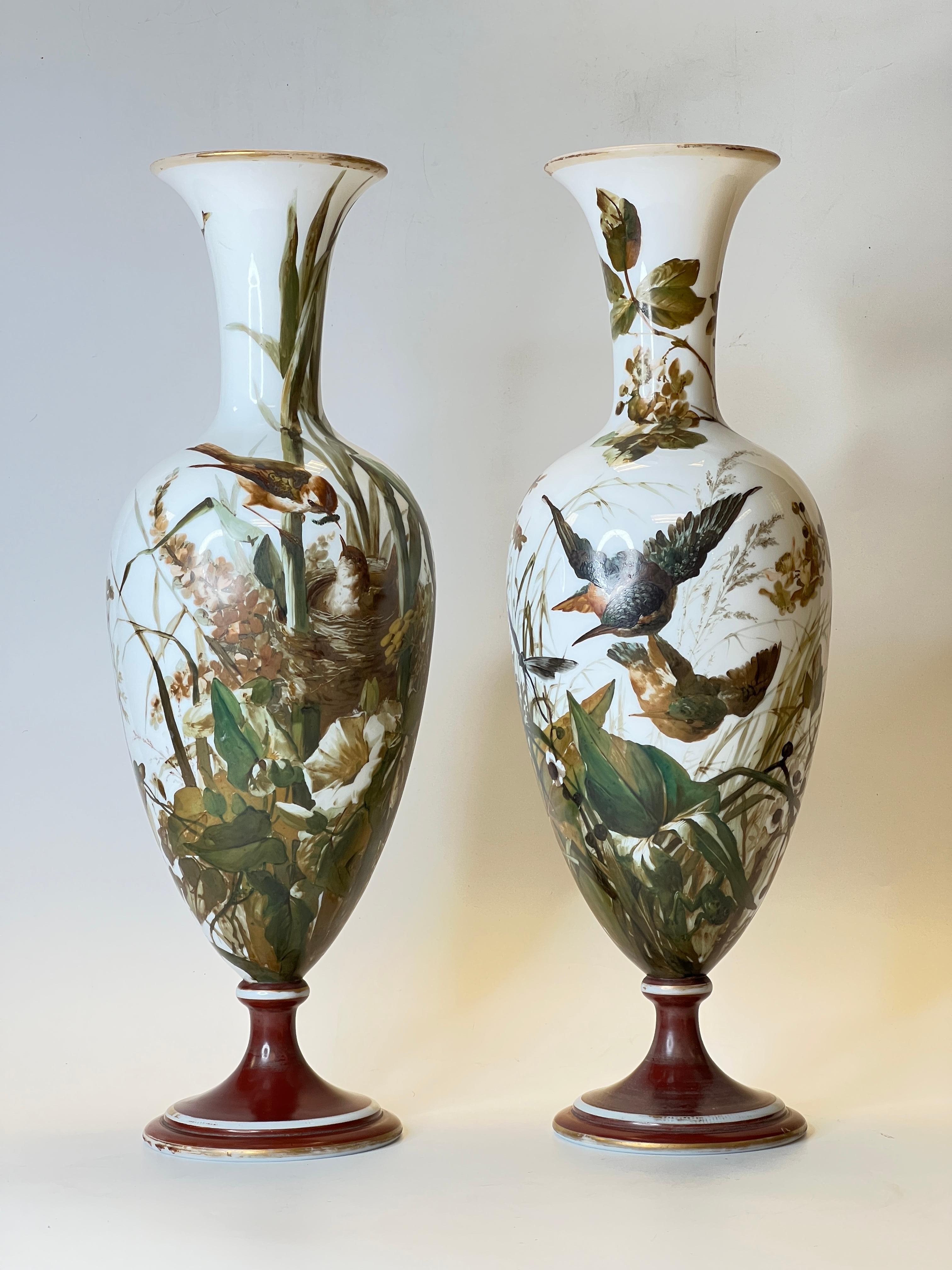 Pair of very fine quality and large hand painted Opaline vases with painted song birds.