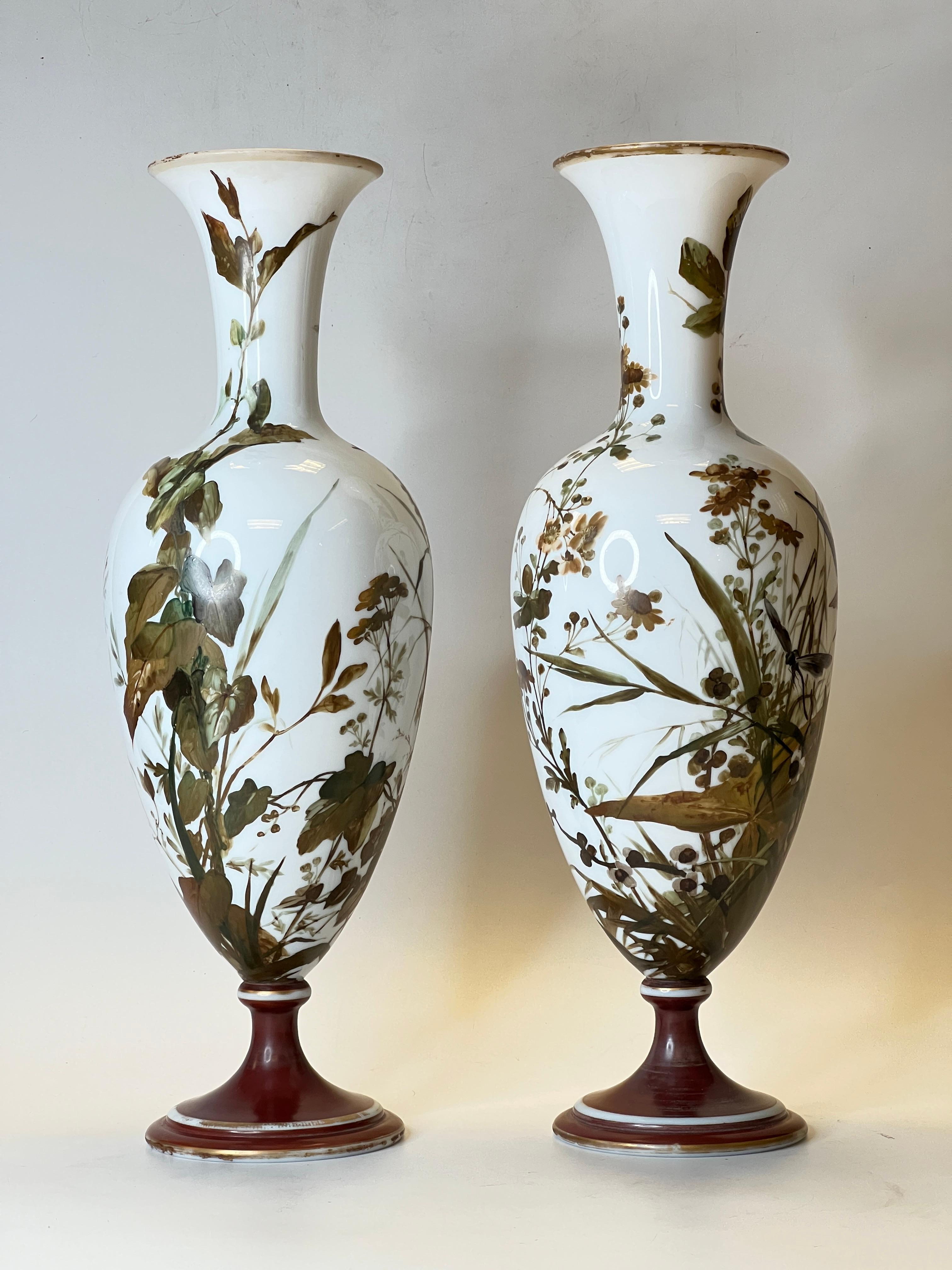 French Pair Baccarat Attributed Opaline Glass Vases with Painted Song Birds For Sale