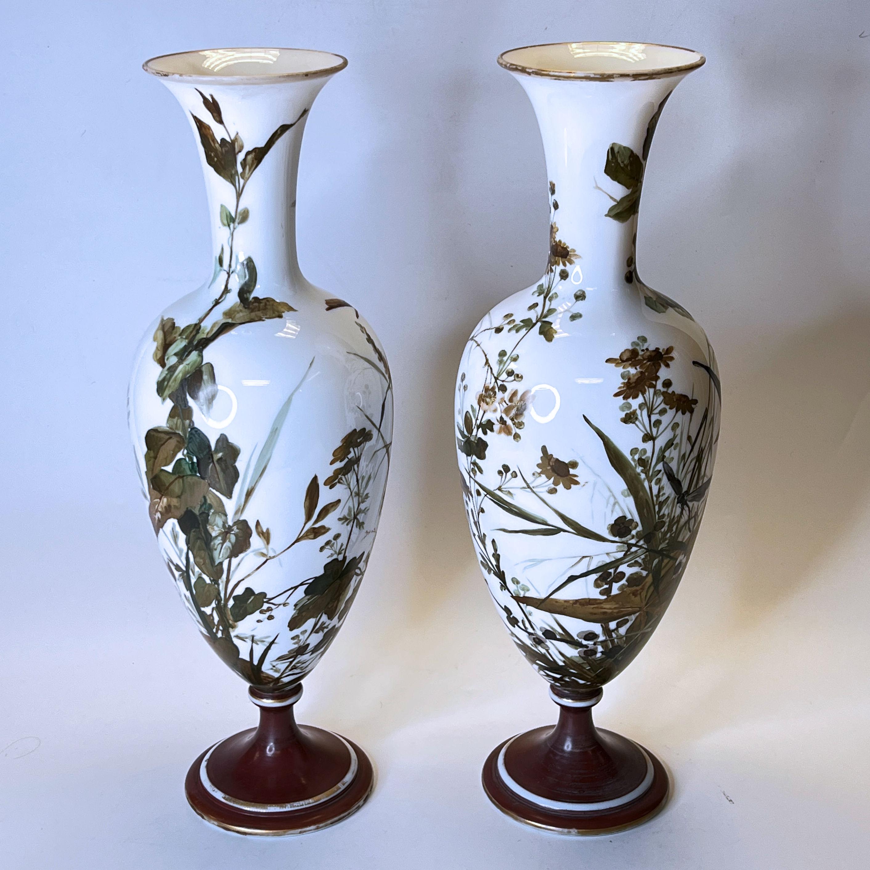 Hand-Painted Pair Baccarat Attributed Opaline Glass Vases with Painted Song Birds For Sale