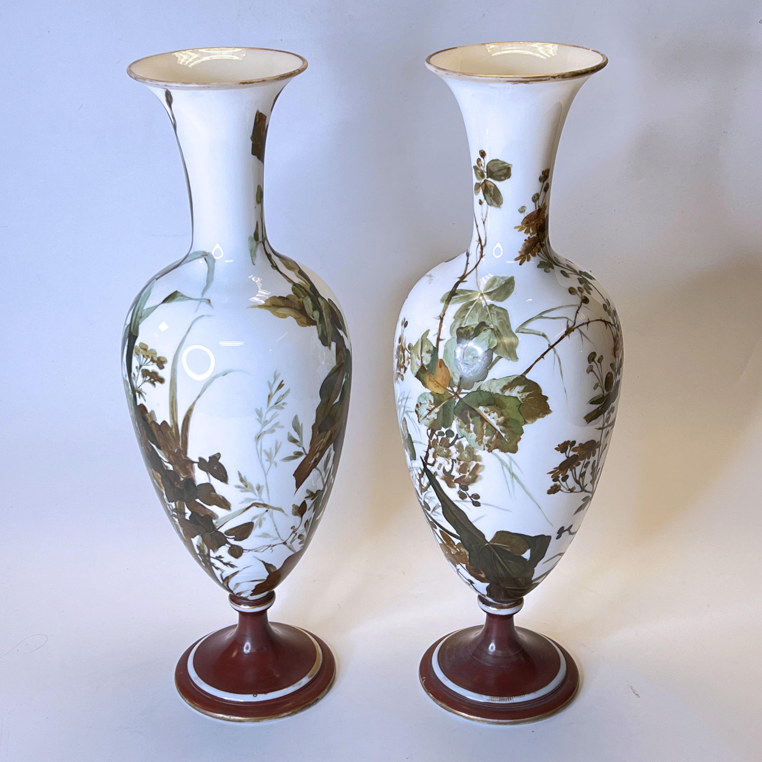 Pair Baccarat Attributed Opaline Glass Vases with Painted Song Birds In Good Condition For Sale In New York, NY