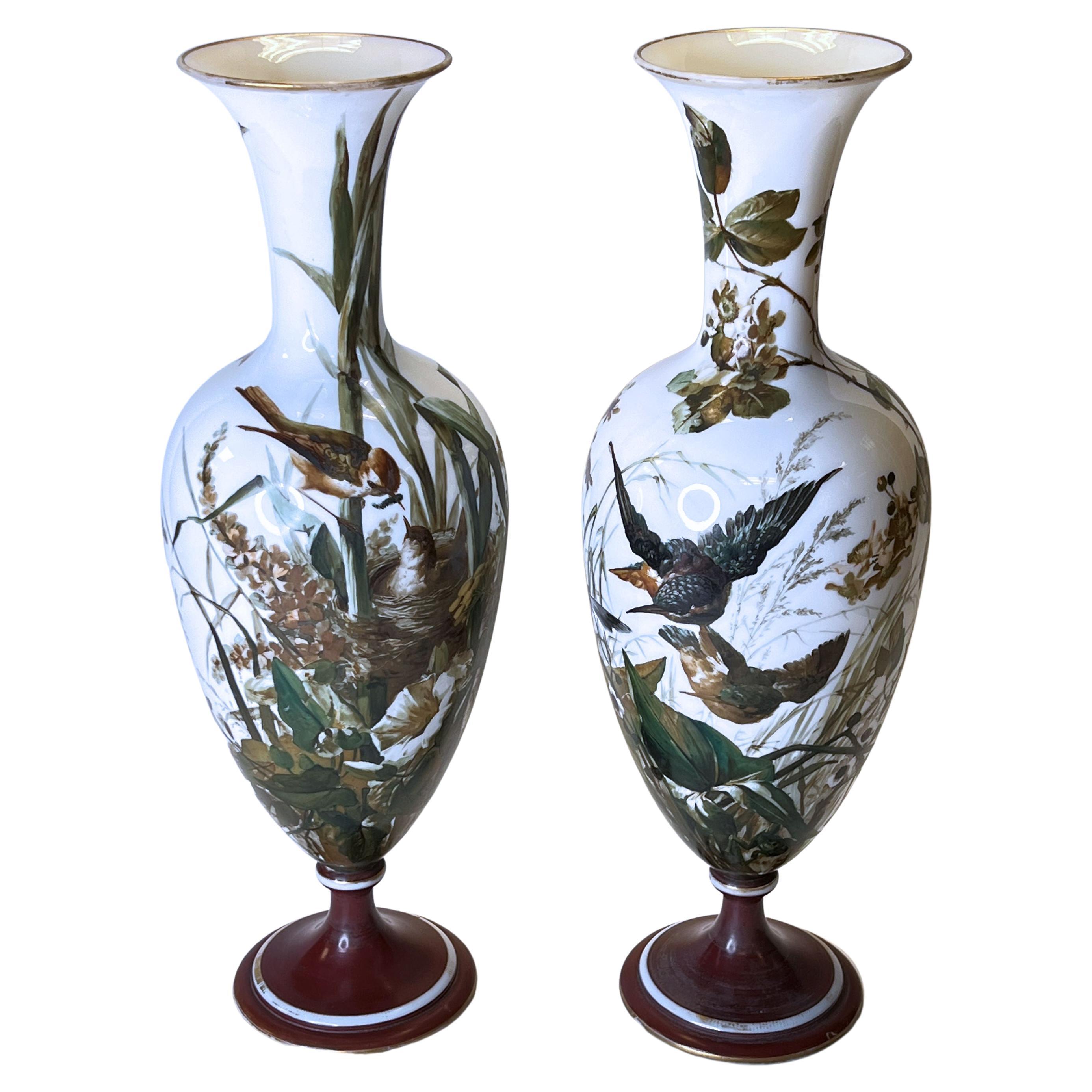 Pair Baccarat Attributed Opaline Glass Vases with Painted Song Birds For Sale