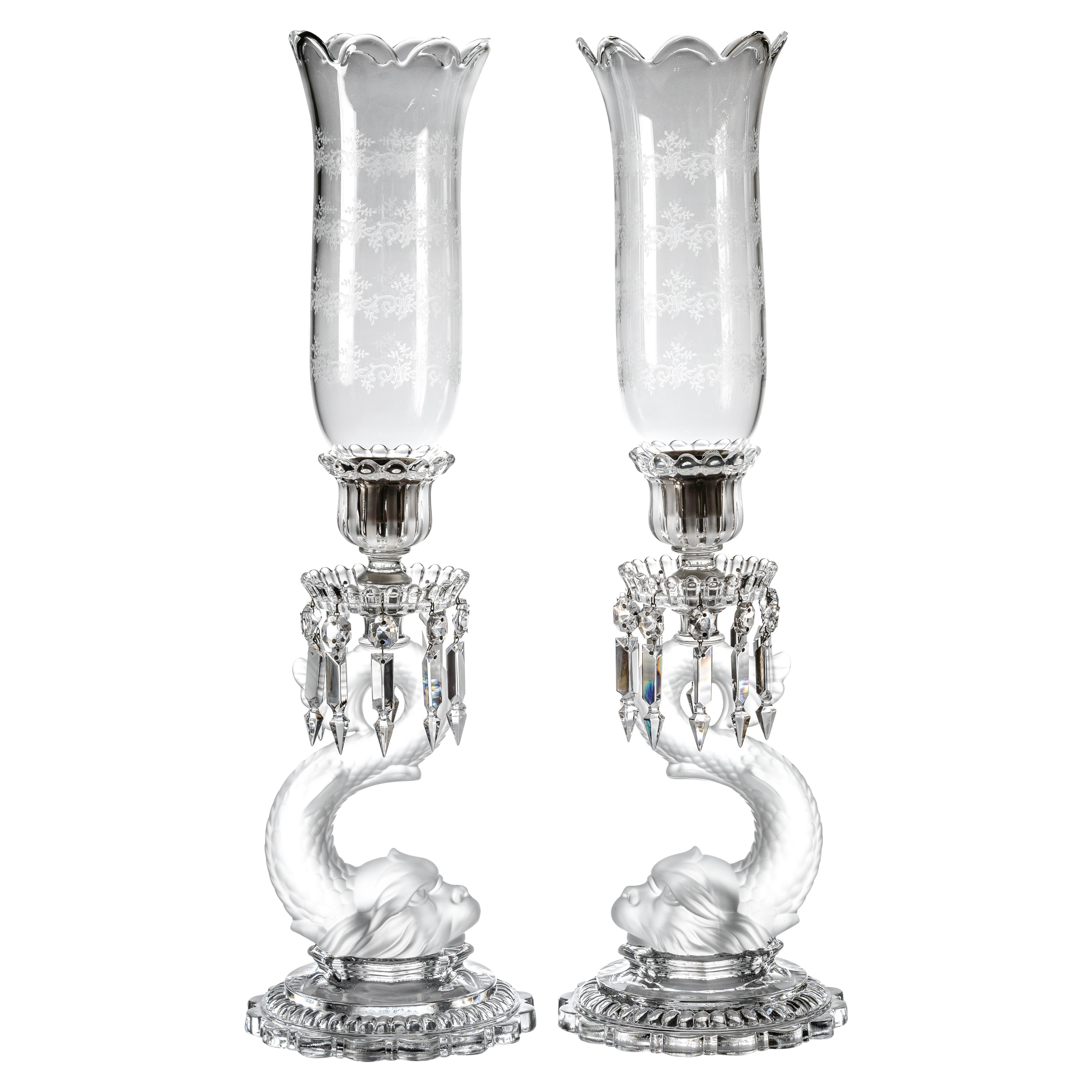 Pair Baccarat Dolphin Candelabras, Vintage With Tall Hurricane Crystal Shades 4