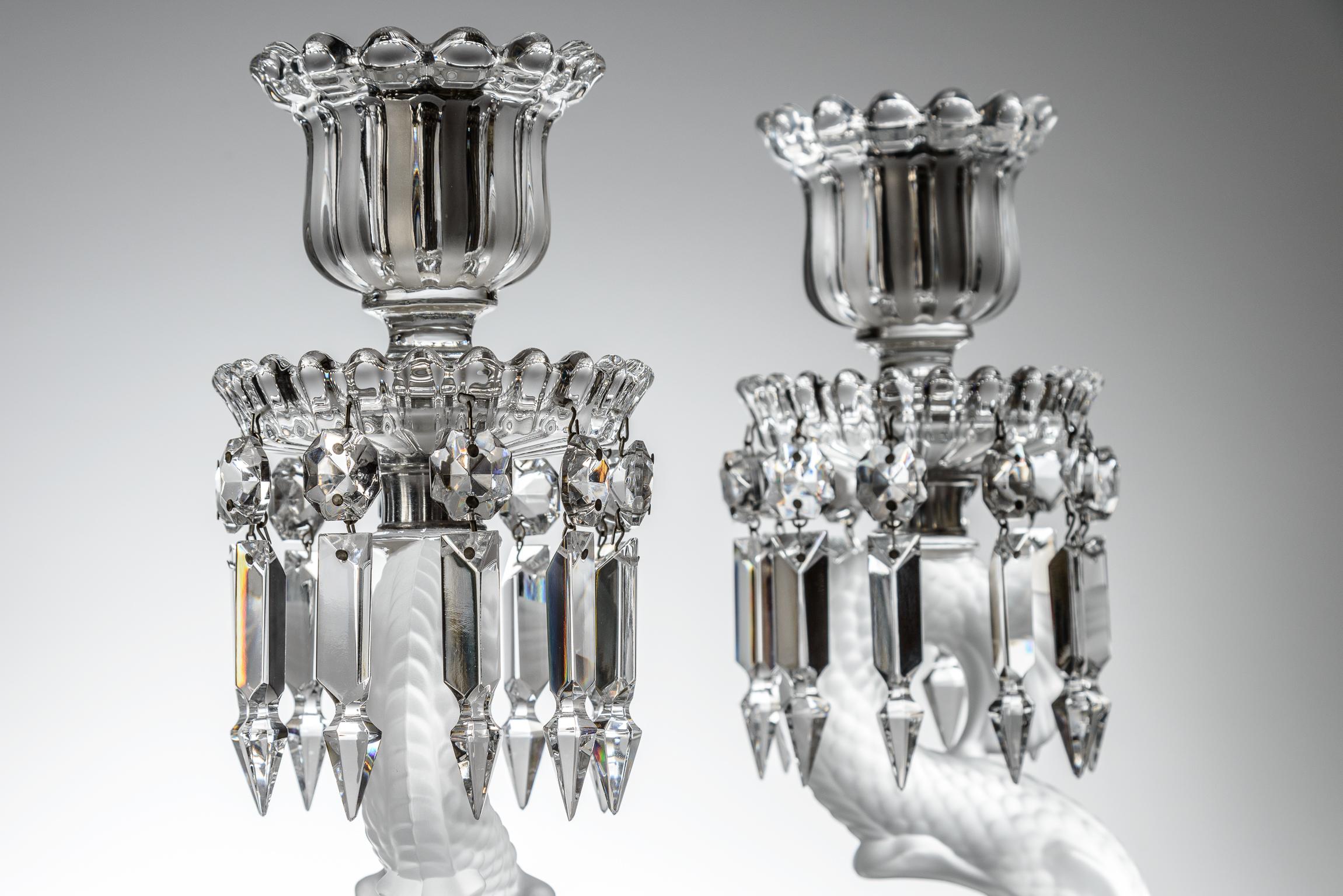 Mid-20th Century Pair Baccarat Dolphin Candelabras, Vintage With Tall Hurricane Crystal Shades