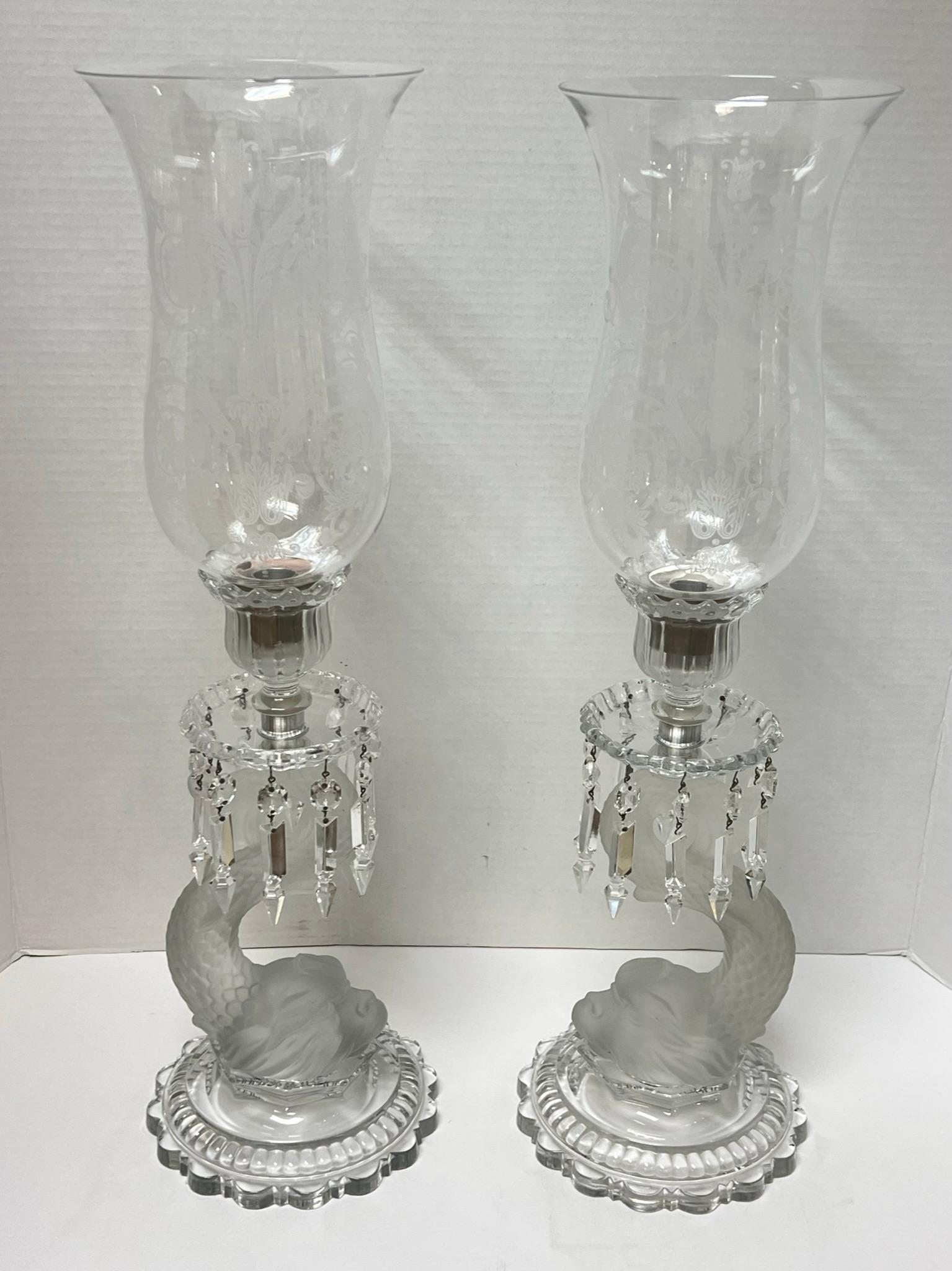 Pair Baccarat Dolphin Form Crystal Glass Candle Holders For Sale 7