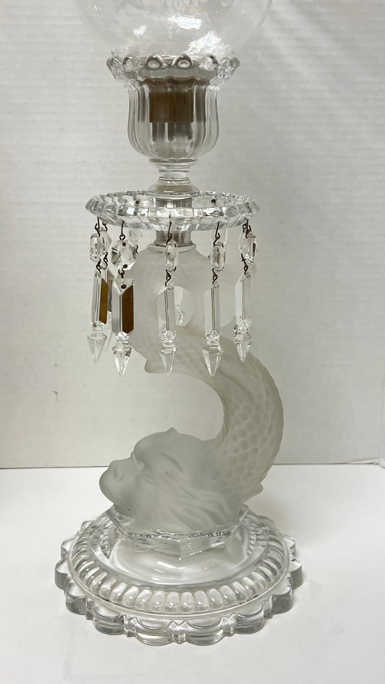 20th Century Pair Baccarat Dolphin Form Crystal Glass Candle Holders For Sale