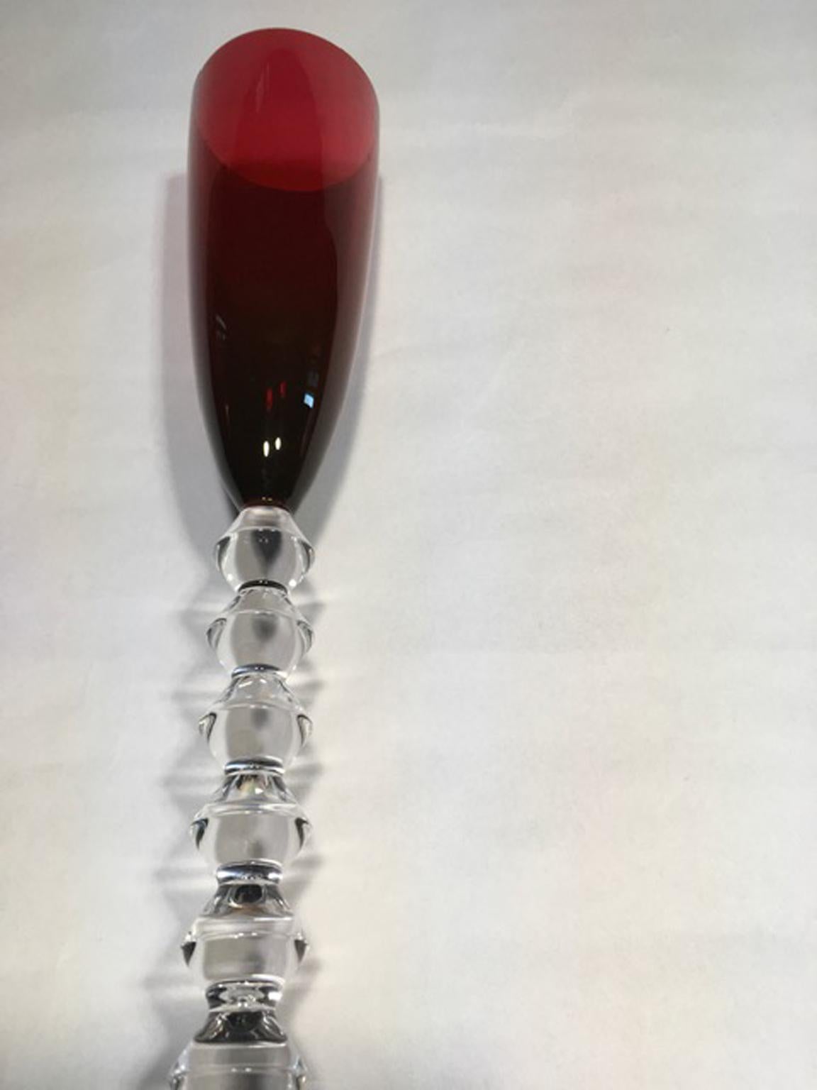 Pair Baccarat Red Crystal Goblet Flutes, France 1